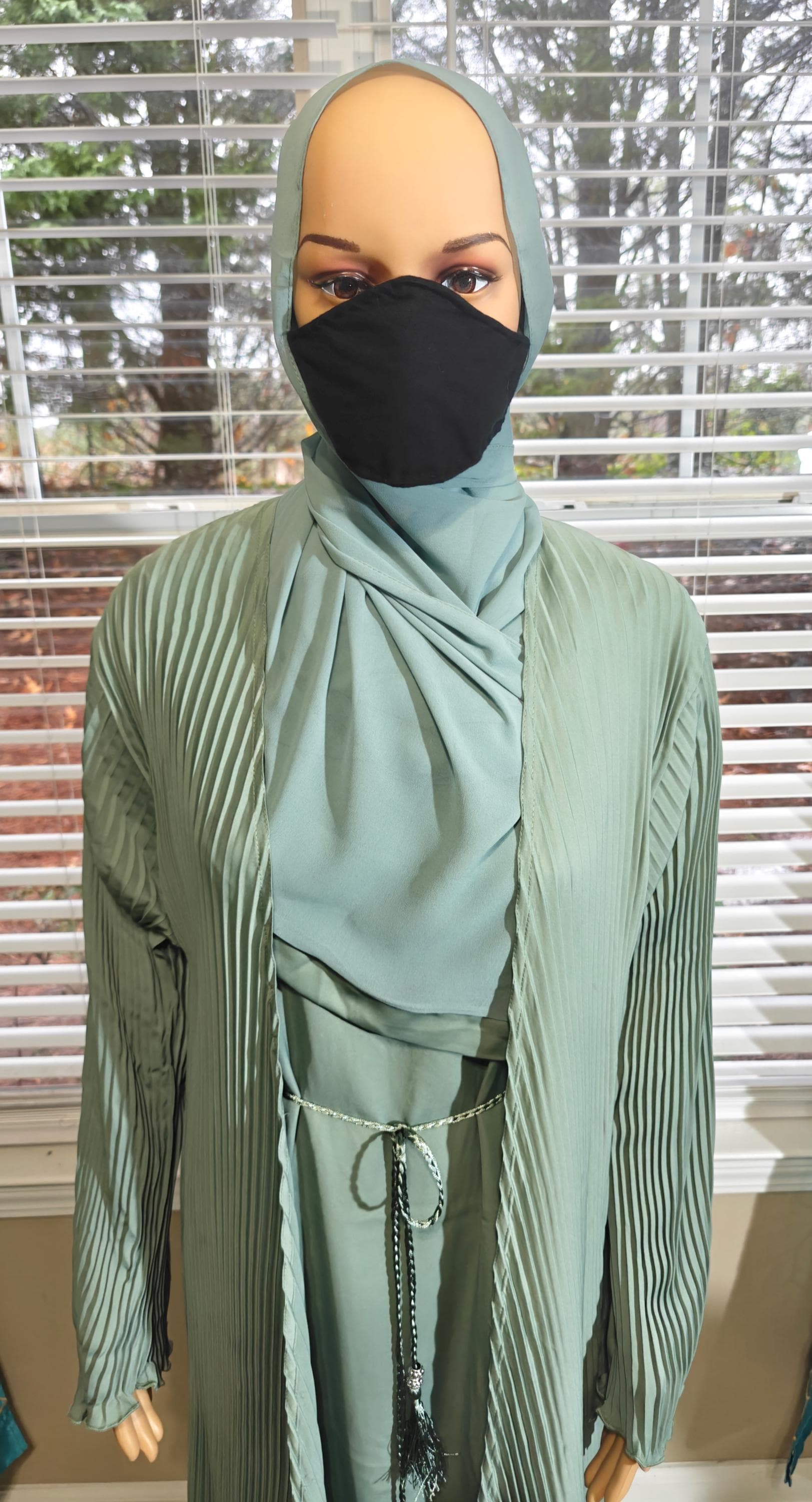 Light Sage Pleated Abaya Kimono: Dubai Modest Fashion with Headscarf & Belt - image 3