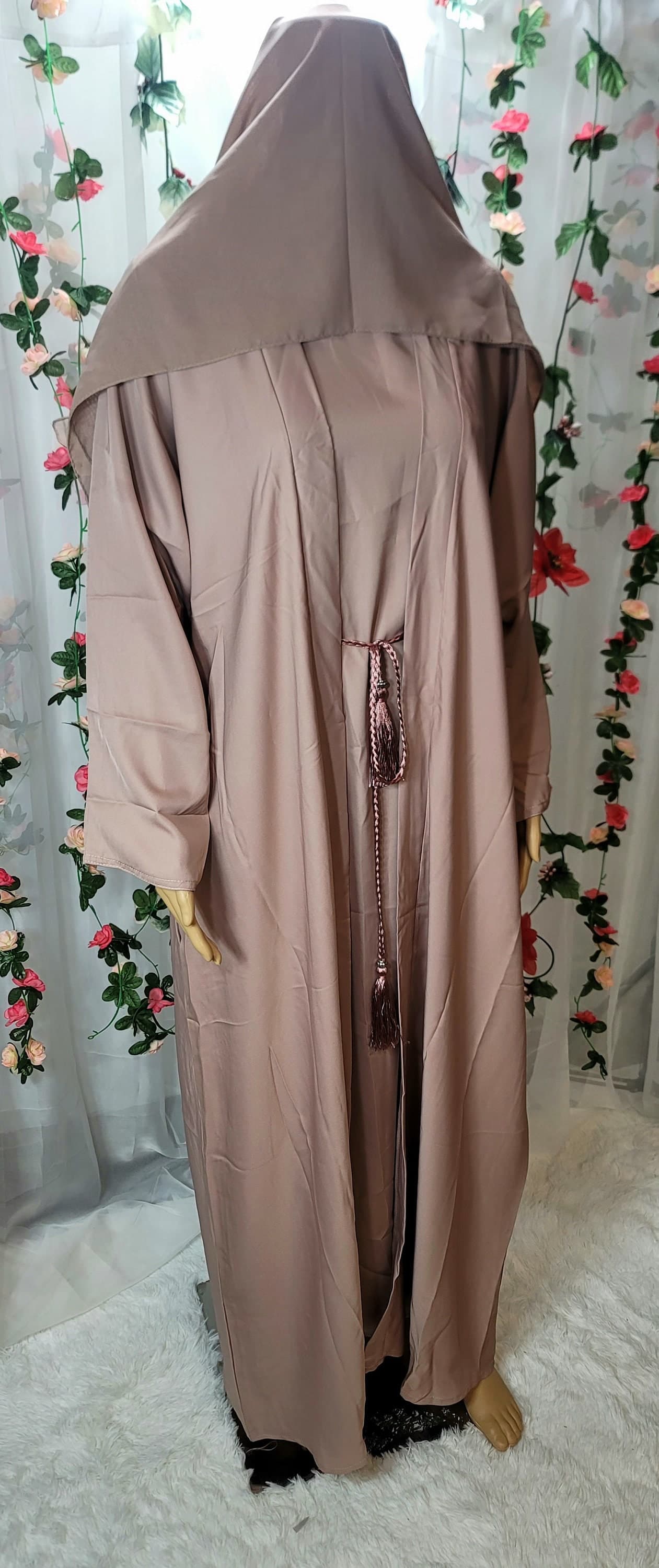 Plain Nida Abaya 4-Piece Set: Modest Dubai Fashion with Headscarf & Belt - image 4