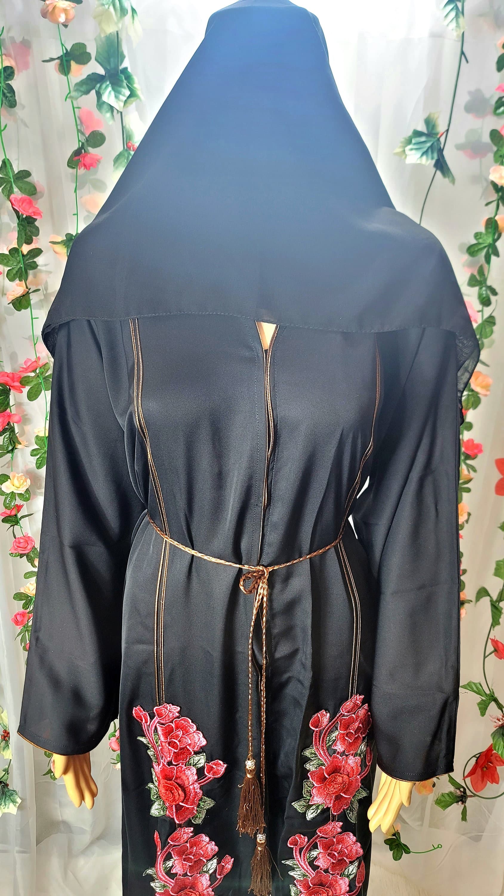 Embroidered Black Abaya: Modest Kimono Dress with Headscarf & Belt - image 5