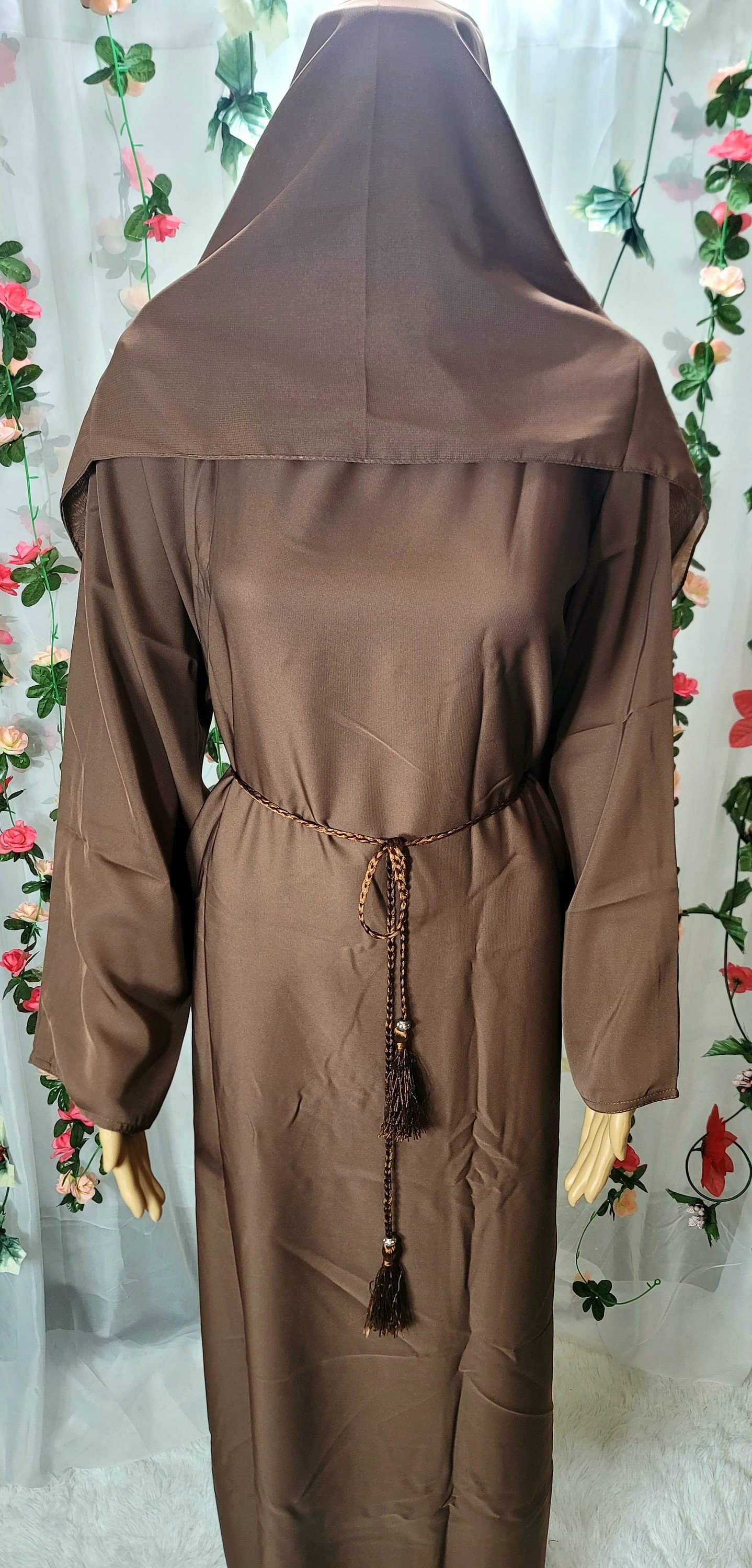 Brown Abaya Kimono: Modest Dubai Fashion Dress with Headscarf & Belt - image 5