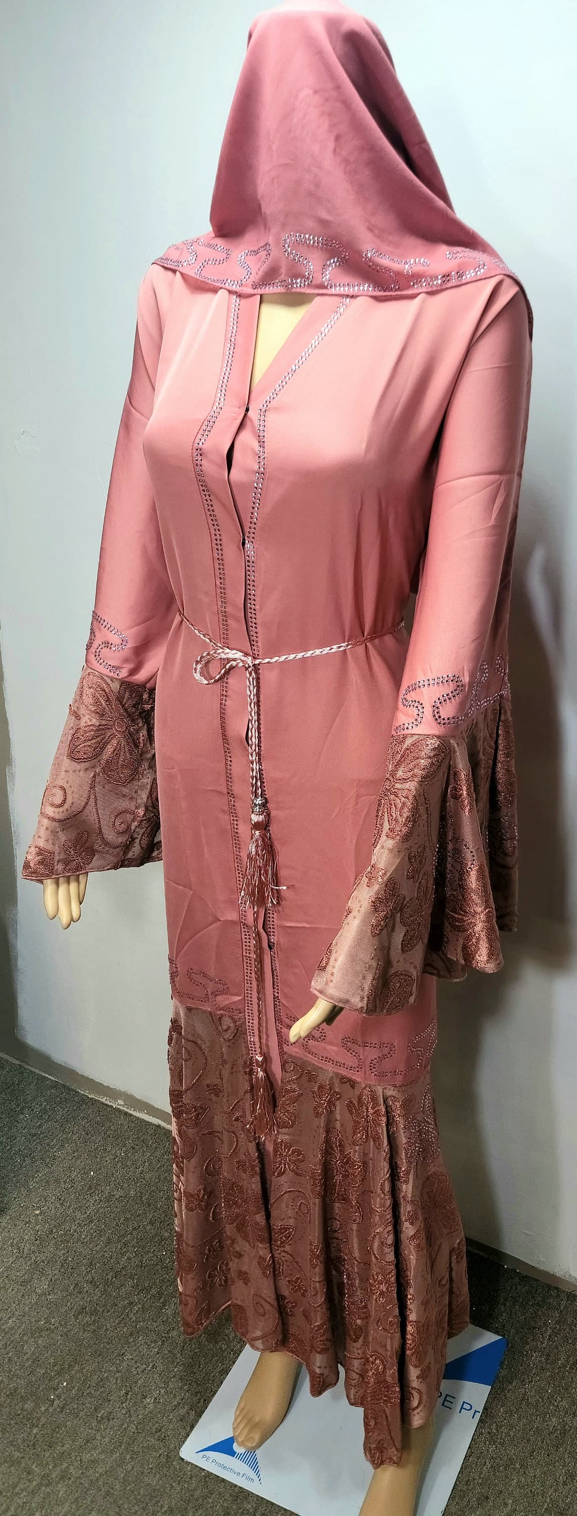 Pink Nidah Abaya with Rhinestones, Embroidered Lace, Headscarf & Belt - image 3