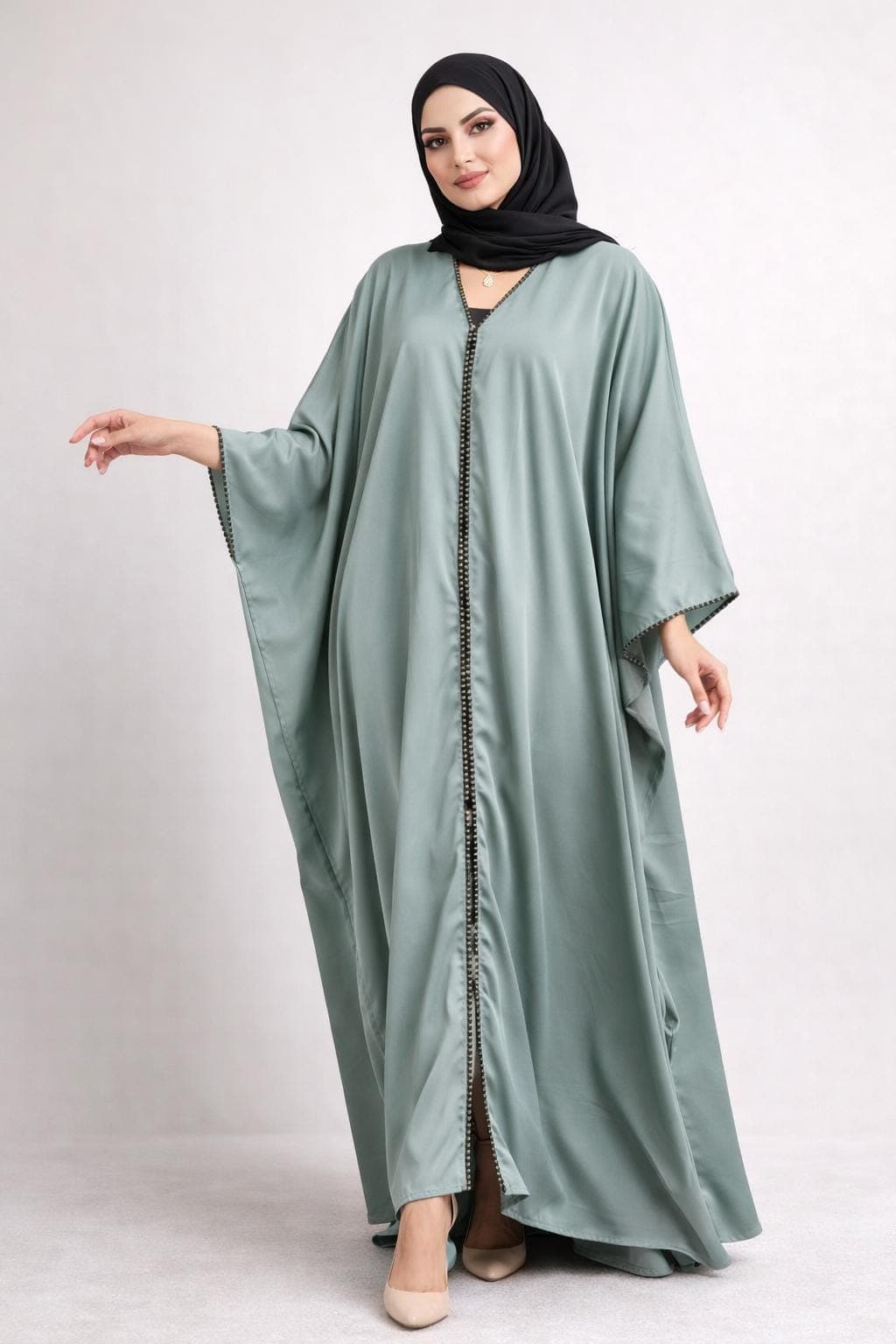 Pistachio Beaded Abaya Kimono: Dubai Modest Fashion, Nidah Fabric