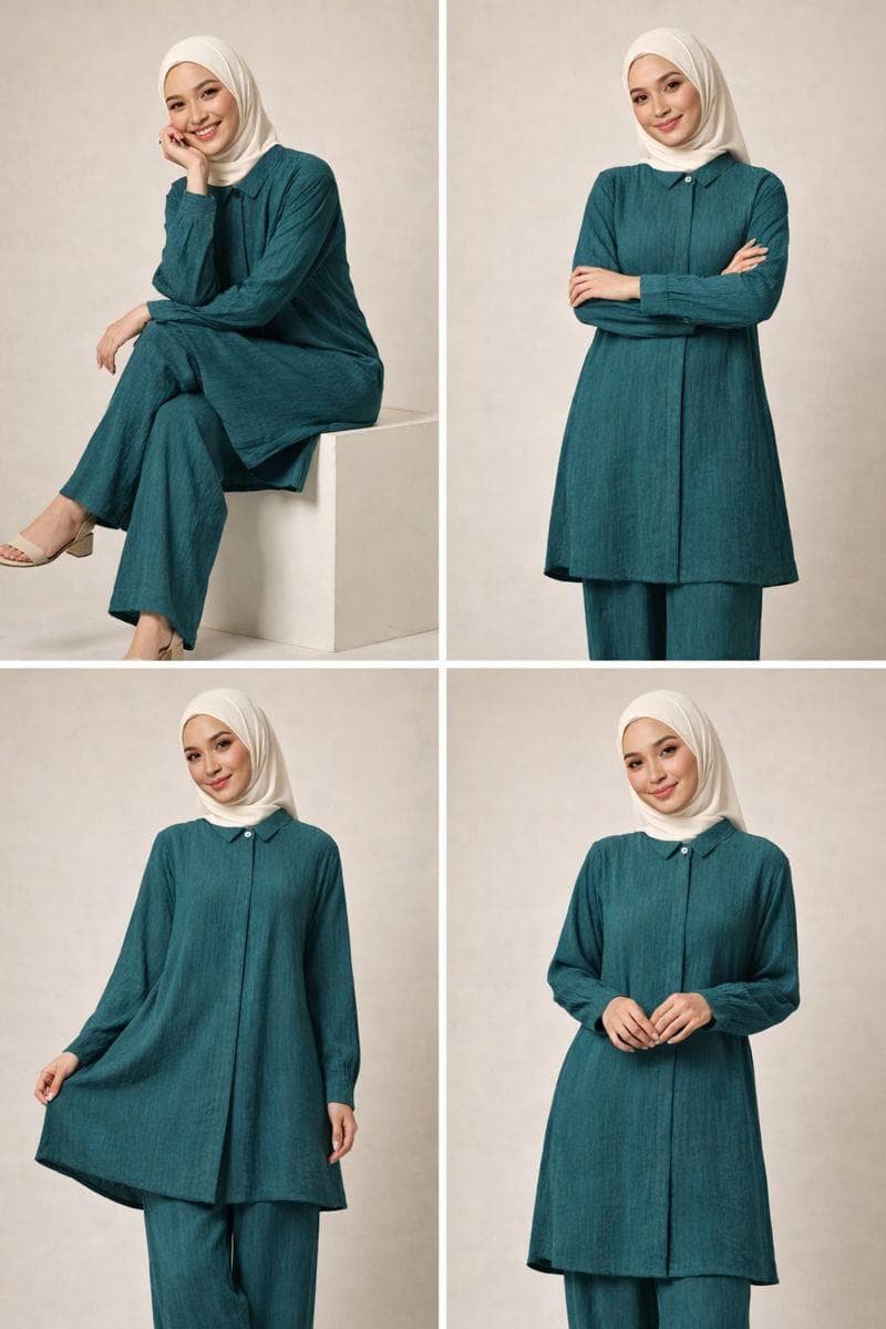 Deep Teal Co-ord Set, Collared Button Up Long Tunic and Pants with Pockets - image 3