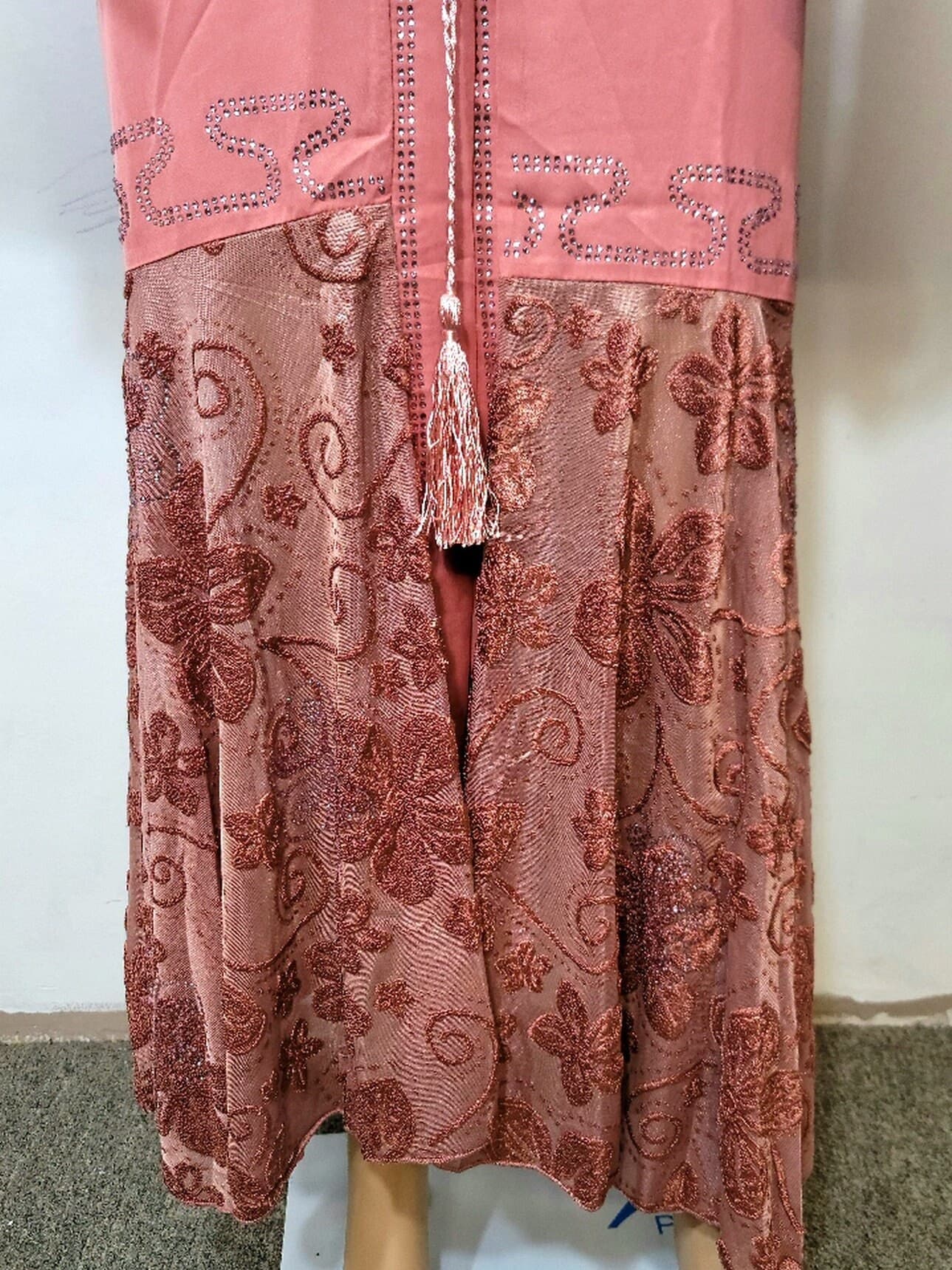 Pink Nidah Abaya with Rhinestones, Embroidered Lace, Headscarf & Belt - image 5