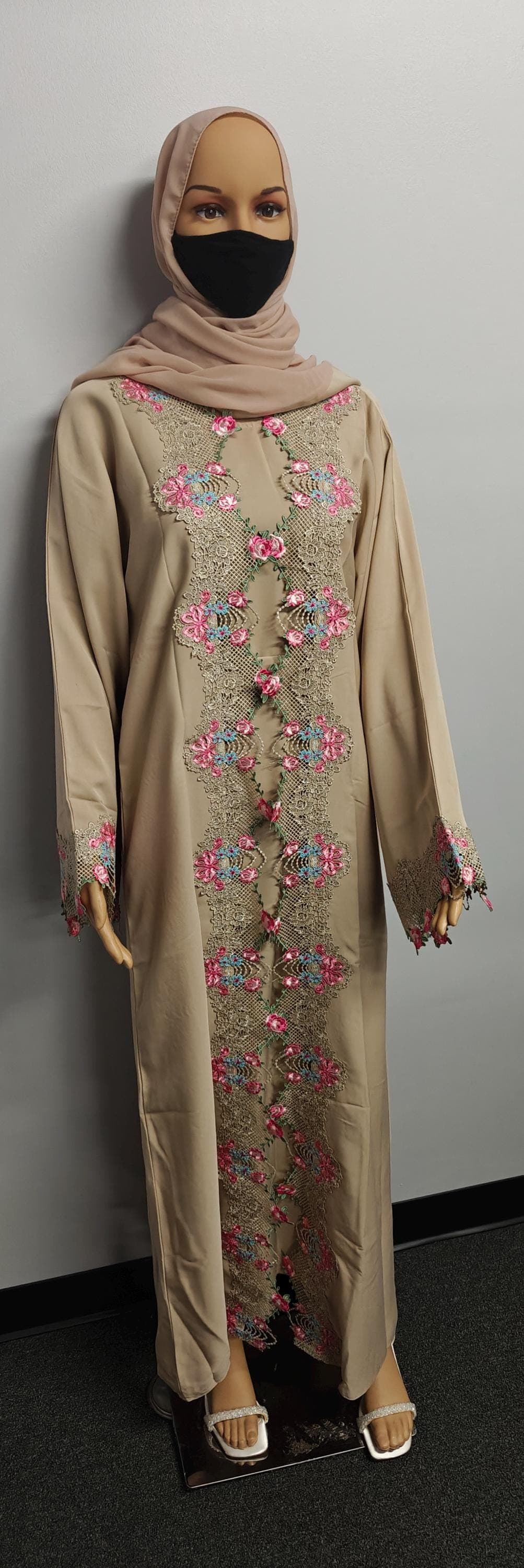 Beige Color Luxury Cut Work Lace Abaya Kimono: Dubai Modest Fashion, Headscarf and Belt - image 4