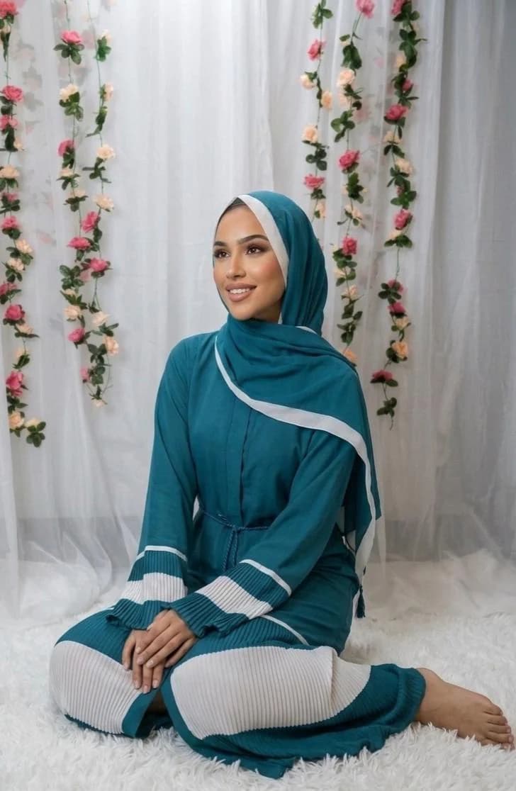 Teal Pleated Abaya Kimono with Headscarf & Belt