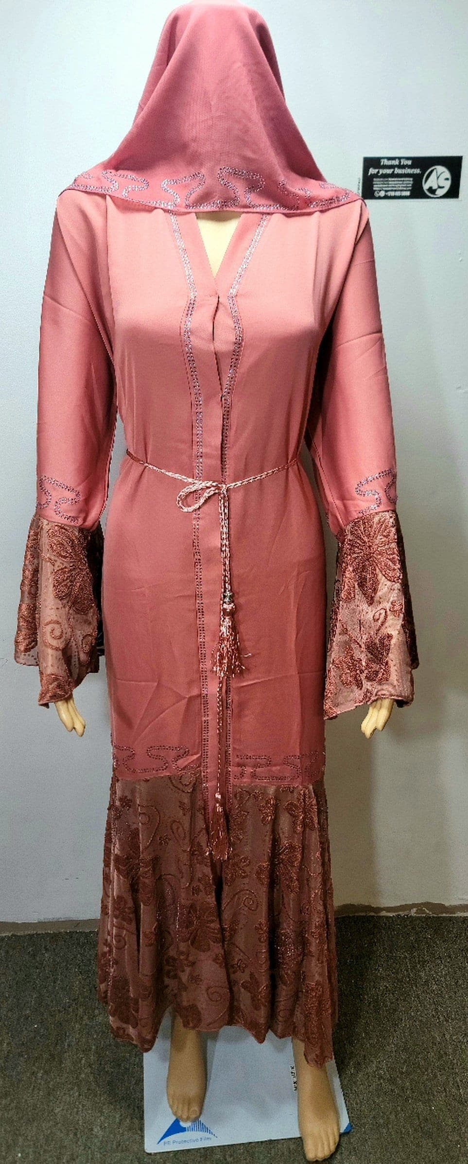 Pink Nidah Abaya with Rhinestones, Embroidered Lace, Headscarf & Belt