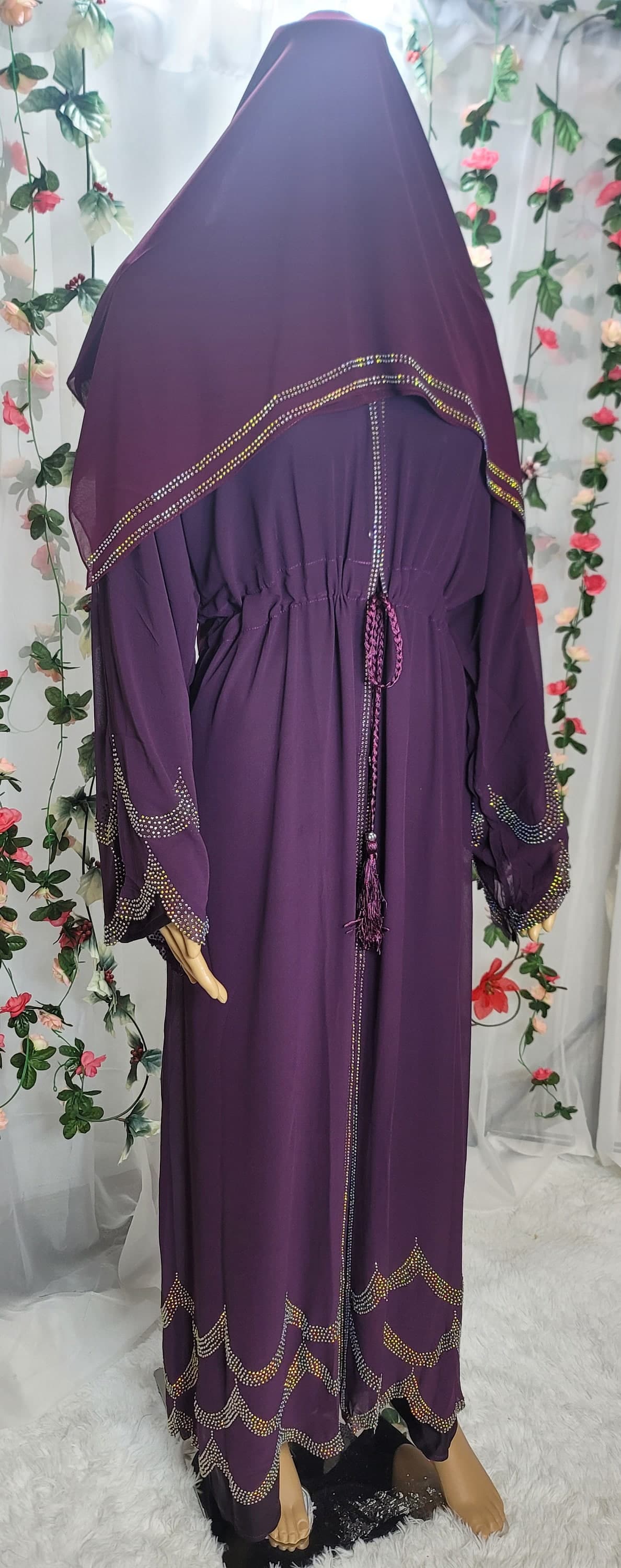 Purple Rhinestone Abaya with Headscarf & Belt