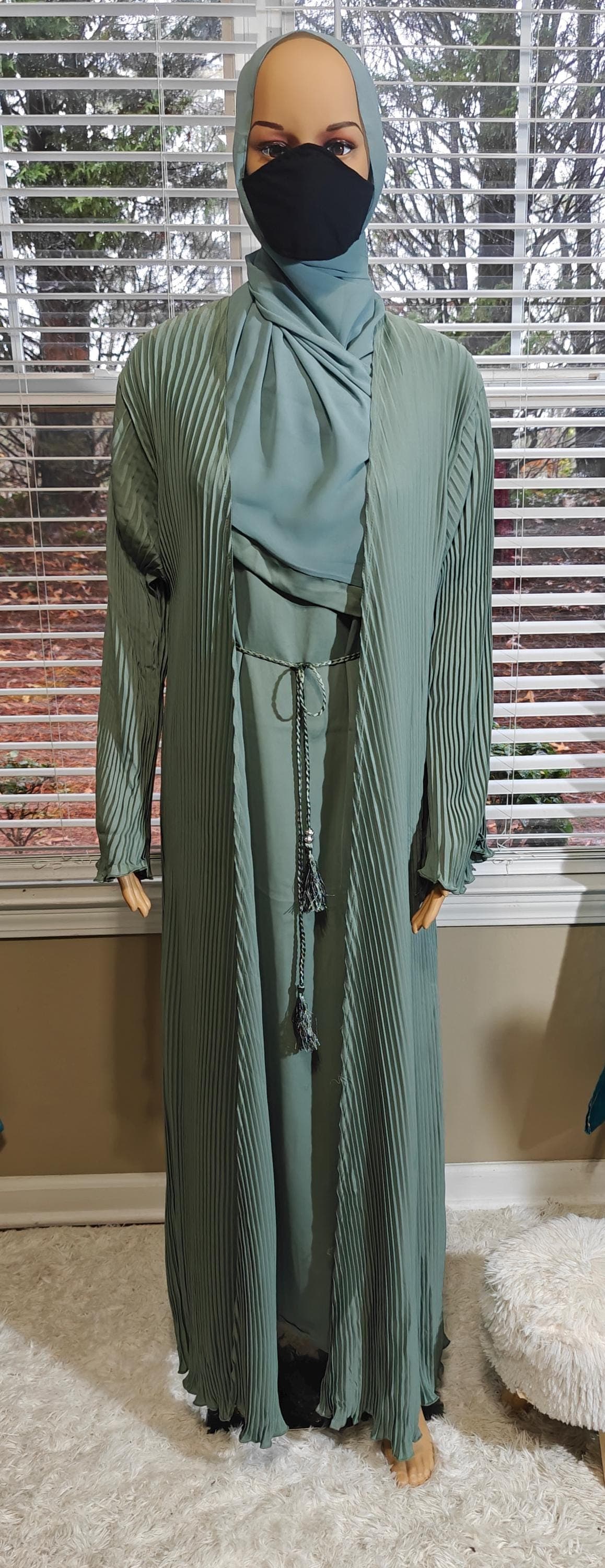 Light Sage Pleated Abaya Kimono: Dubai Modest Fashion with Headscarf & Belt - image 5