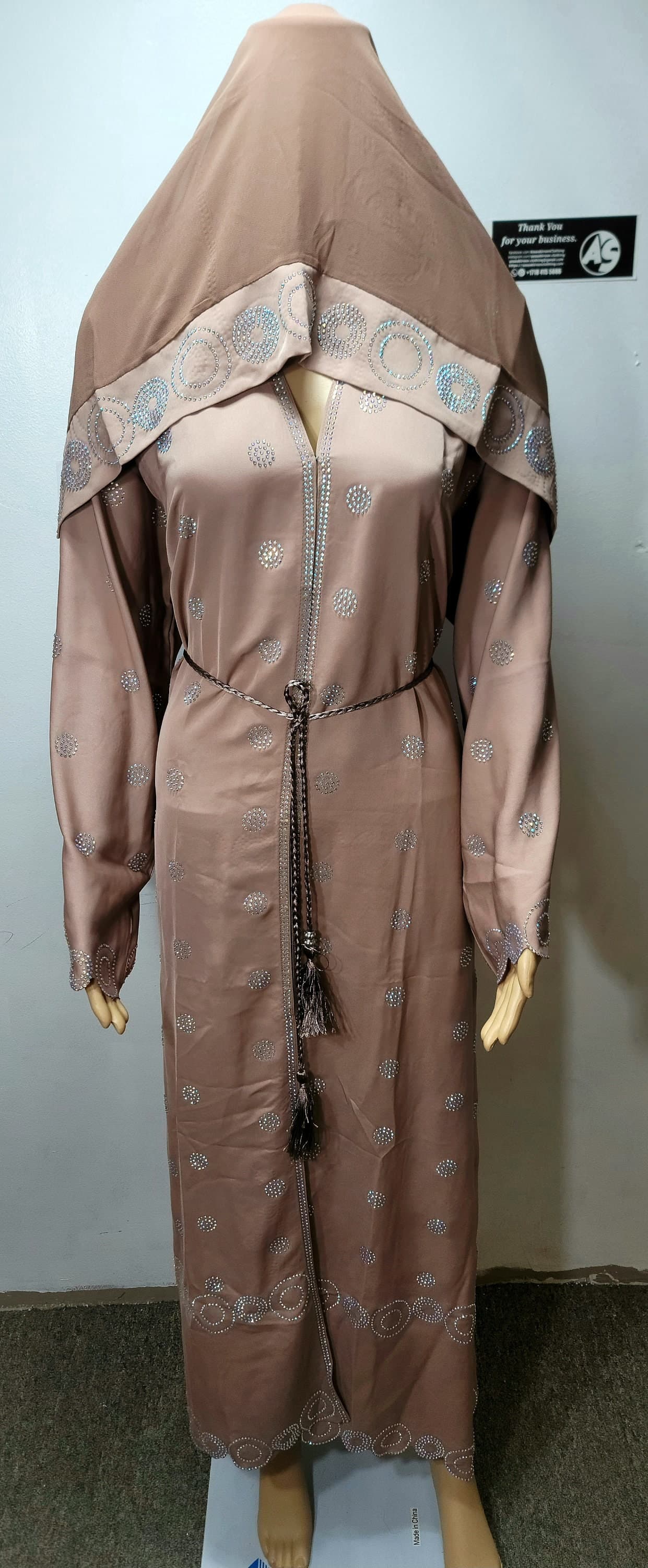 Rhinestone Abaya Kimono: Dubai Modest Fashion Dress with Headscarf & Belt - image 3