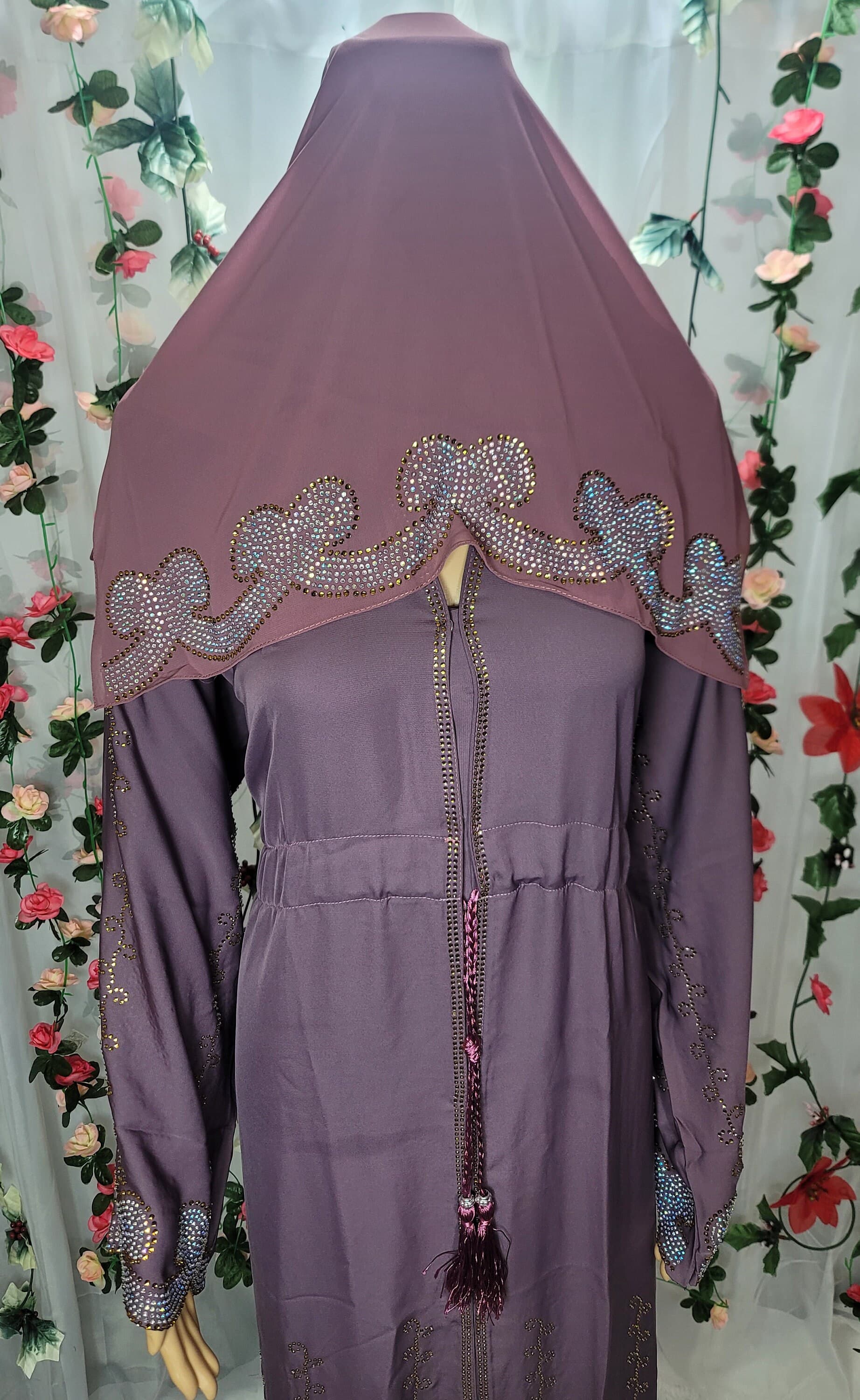 Lavender Rhinestone Abaya with Headscarf & Belt - image 4