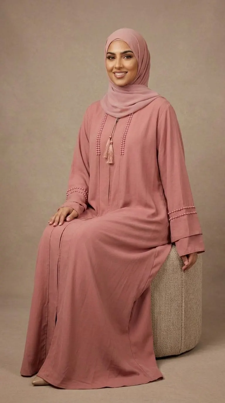 Dusty Rose Beaded Abaya Set with Hijab | Dubai Style, Eid Outfit, Zipper Abaya