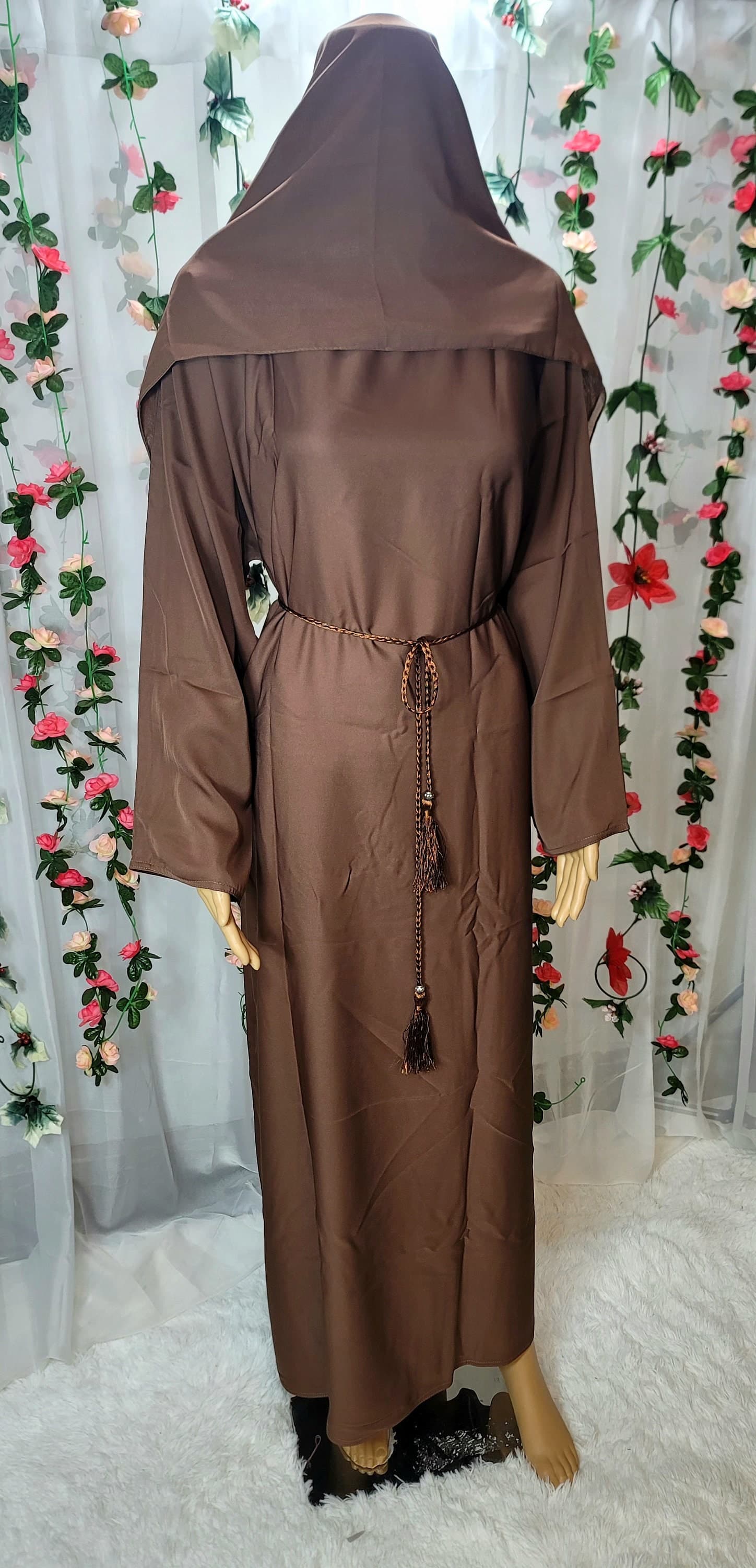 Brown Abaya Kimono: Modest Dubai Fashion Dress with Headscarf & Belt - image 4