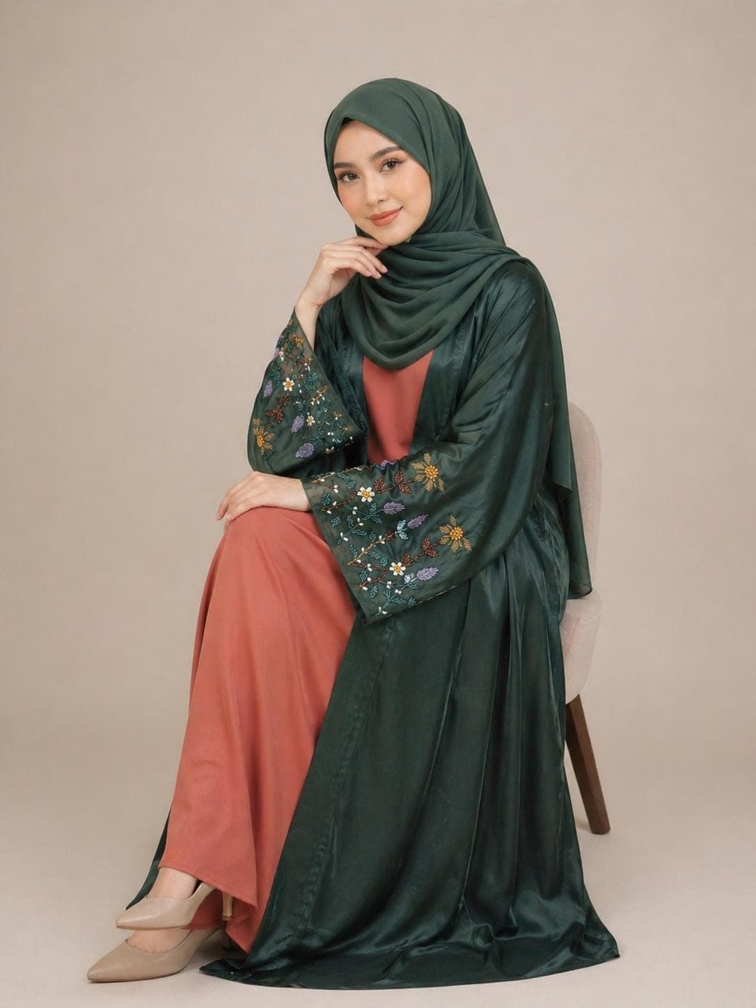 Luxury Dubai Nida Abaya Set with Hand Embroidery – Elegant Modest Wear (Green & Rust)