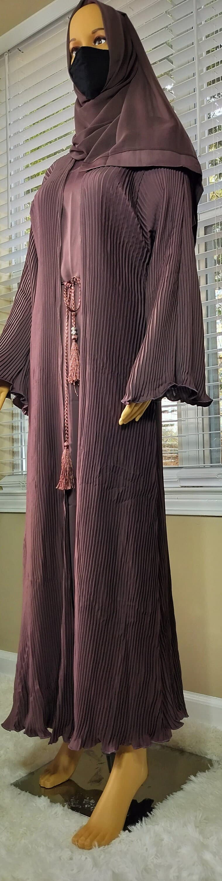 Pleated Rum Raisin Abaya, Kimono Dress with Headscarf and Belt - image 5