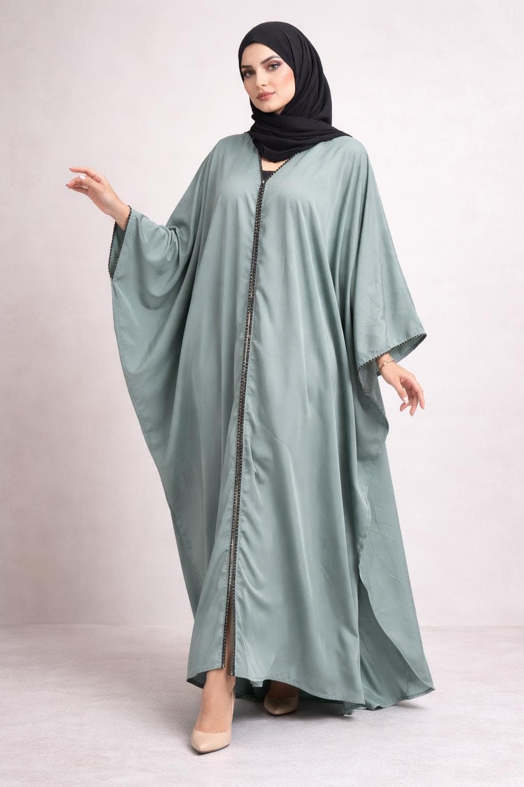 Pistachio Beaded Abaya Kimono: Dubai Modest Fashion, Nidah Fabric - image 5