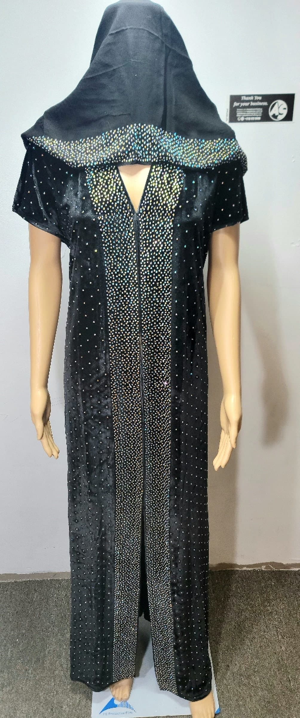Velvet Rhinestone Abaya Kimono with Headscarf & Belt - image 4
