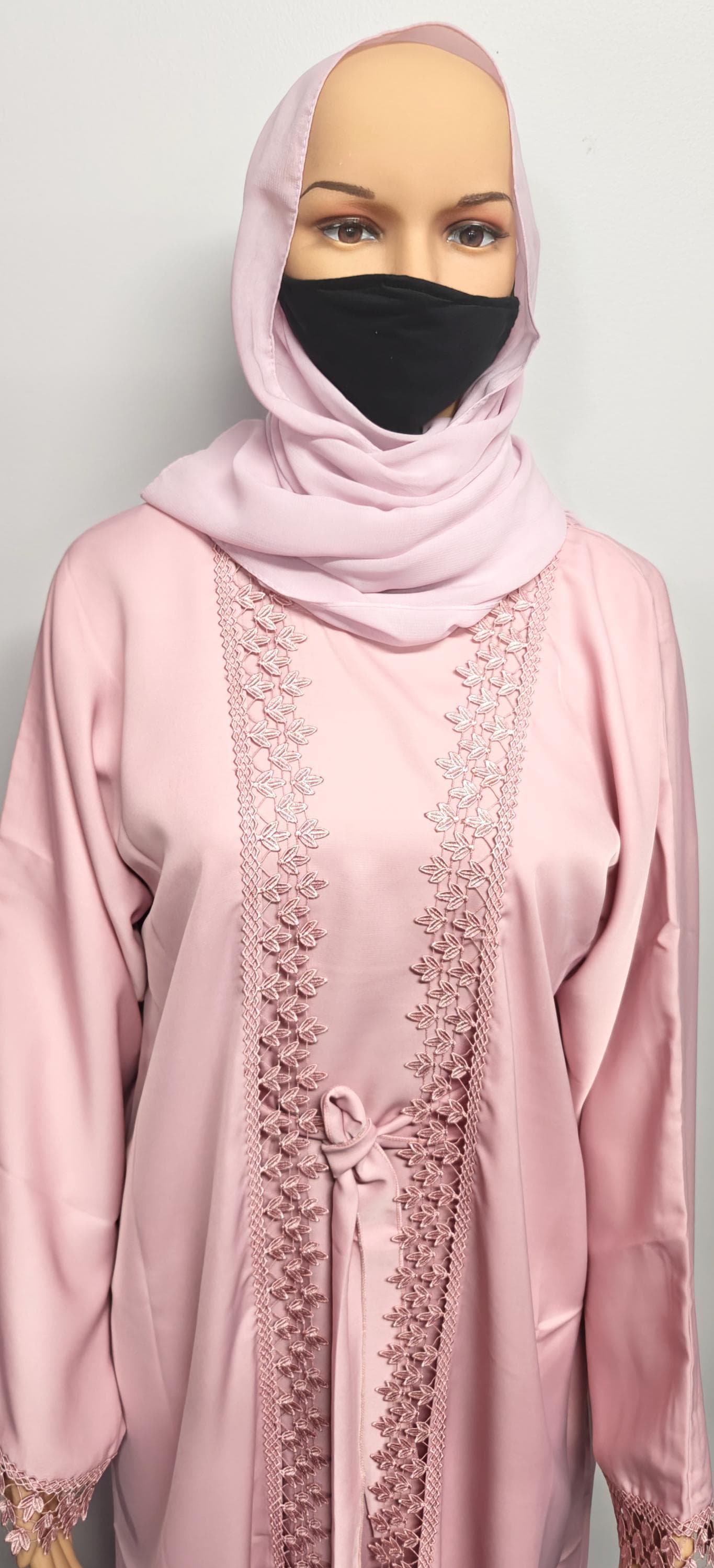 Pink Color Luxury Cut Work Lace Abaya Kimono: Dubai Modest Fashion, Headscarf and Belt - image 5