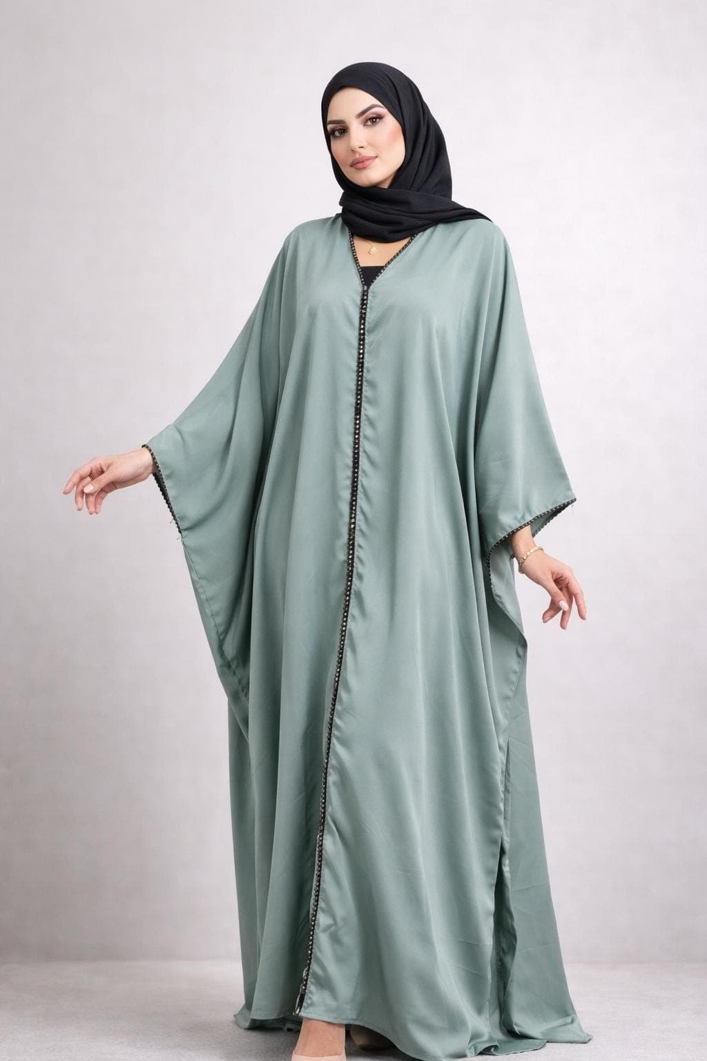 Pistachio Beaded Abaya Kimono: Dubai Modest Fashion, Nidah Fabric - image 4