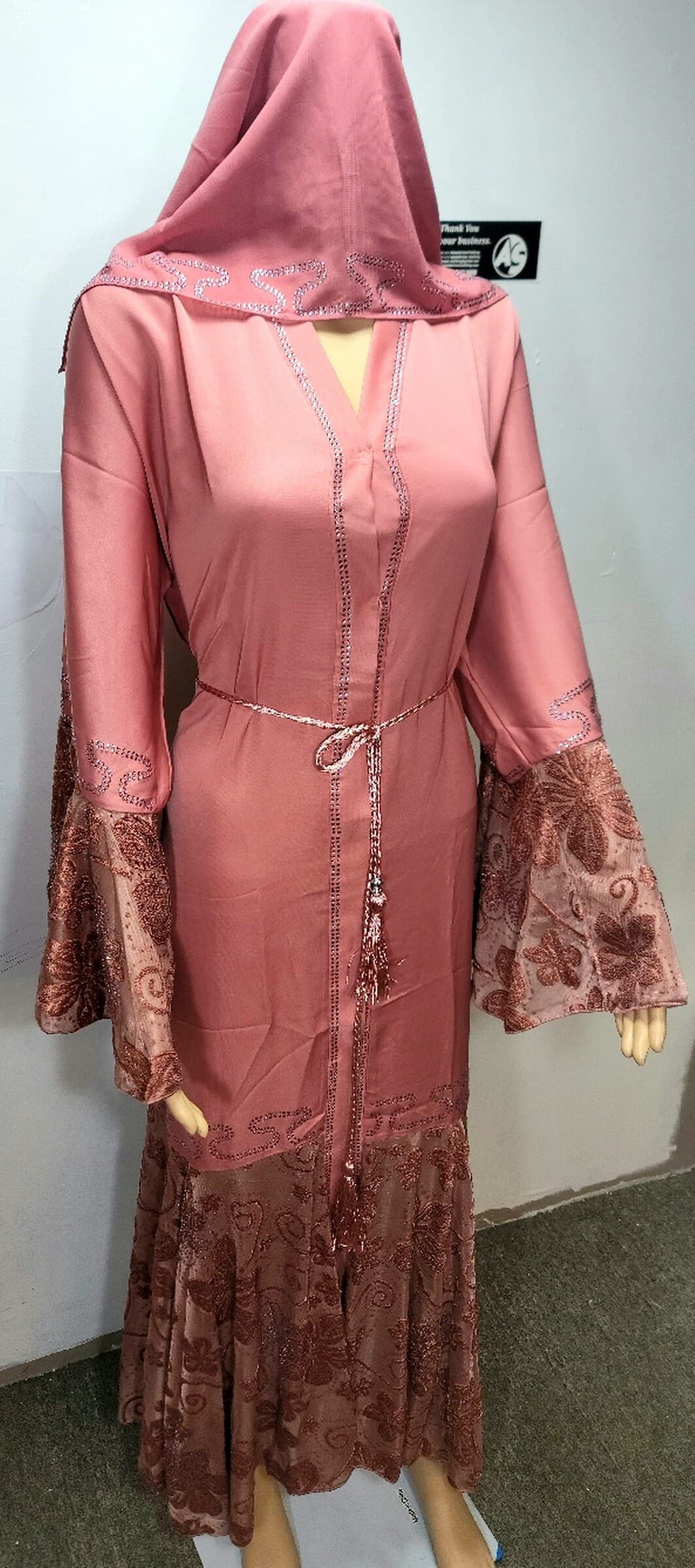 Pink Nidah Abaya with Rhinestones, Embroidered Lace, Headscarf & Belt - image 4