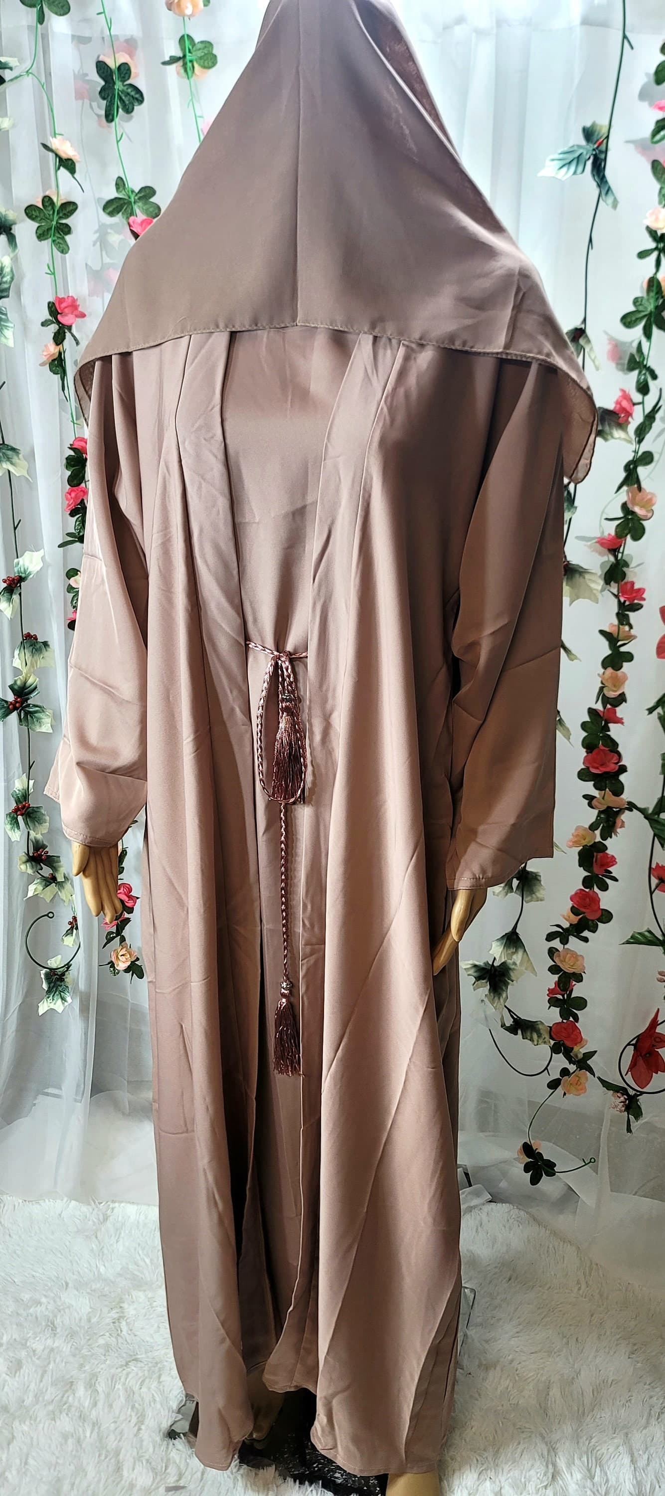 Plain Nida Abaya 4-Piece Set: Modest Dubai Fashion with Headscarf & Belt - image 3