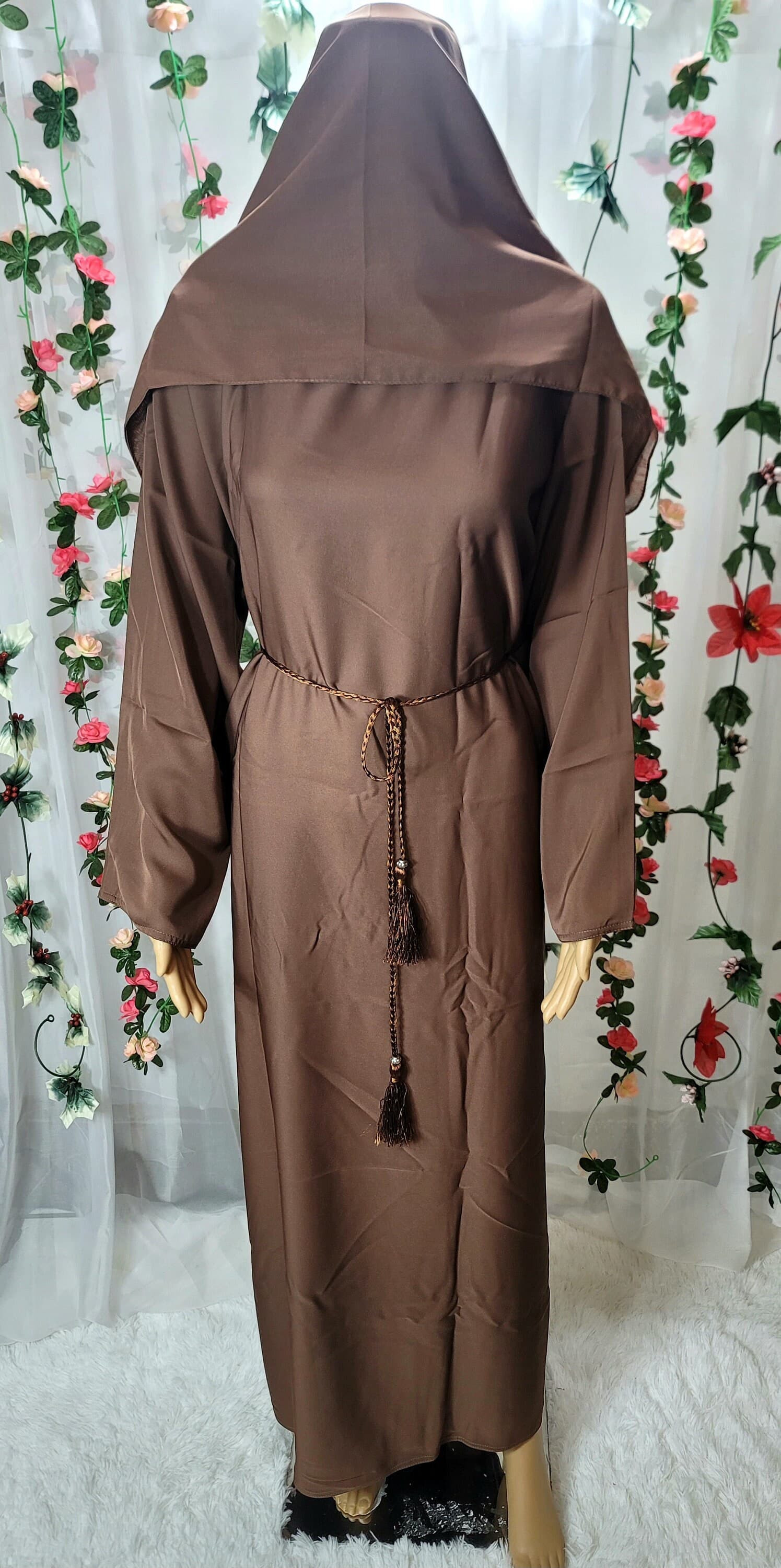 Brown Abaya Kimono: Modest Dubai Fashion Dress with Headscarf & Belt - image 3