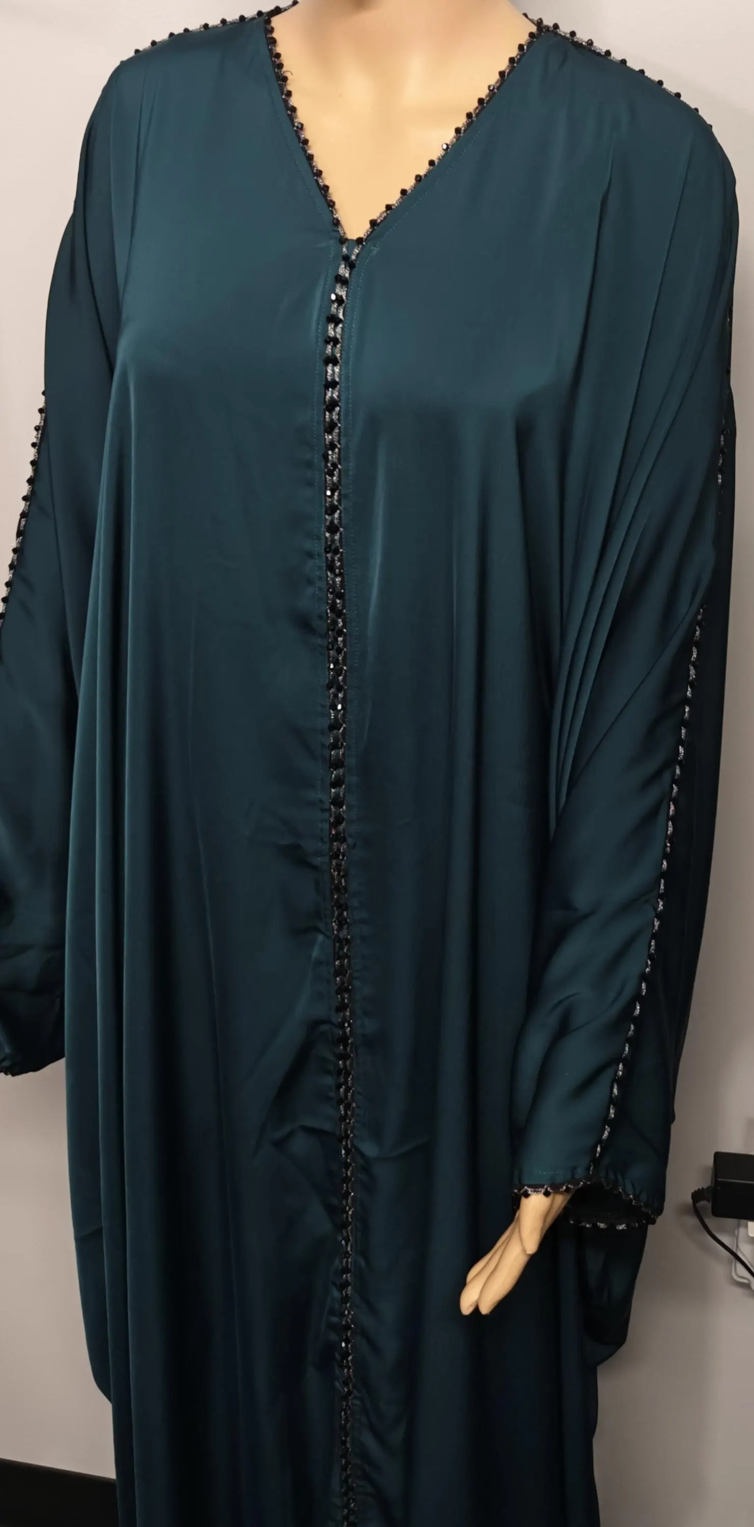 Dark Teal Color Beaded Nidah Abaya Kimono: Dubai Modest Fashion - image 3