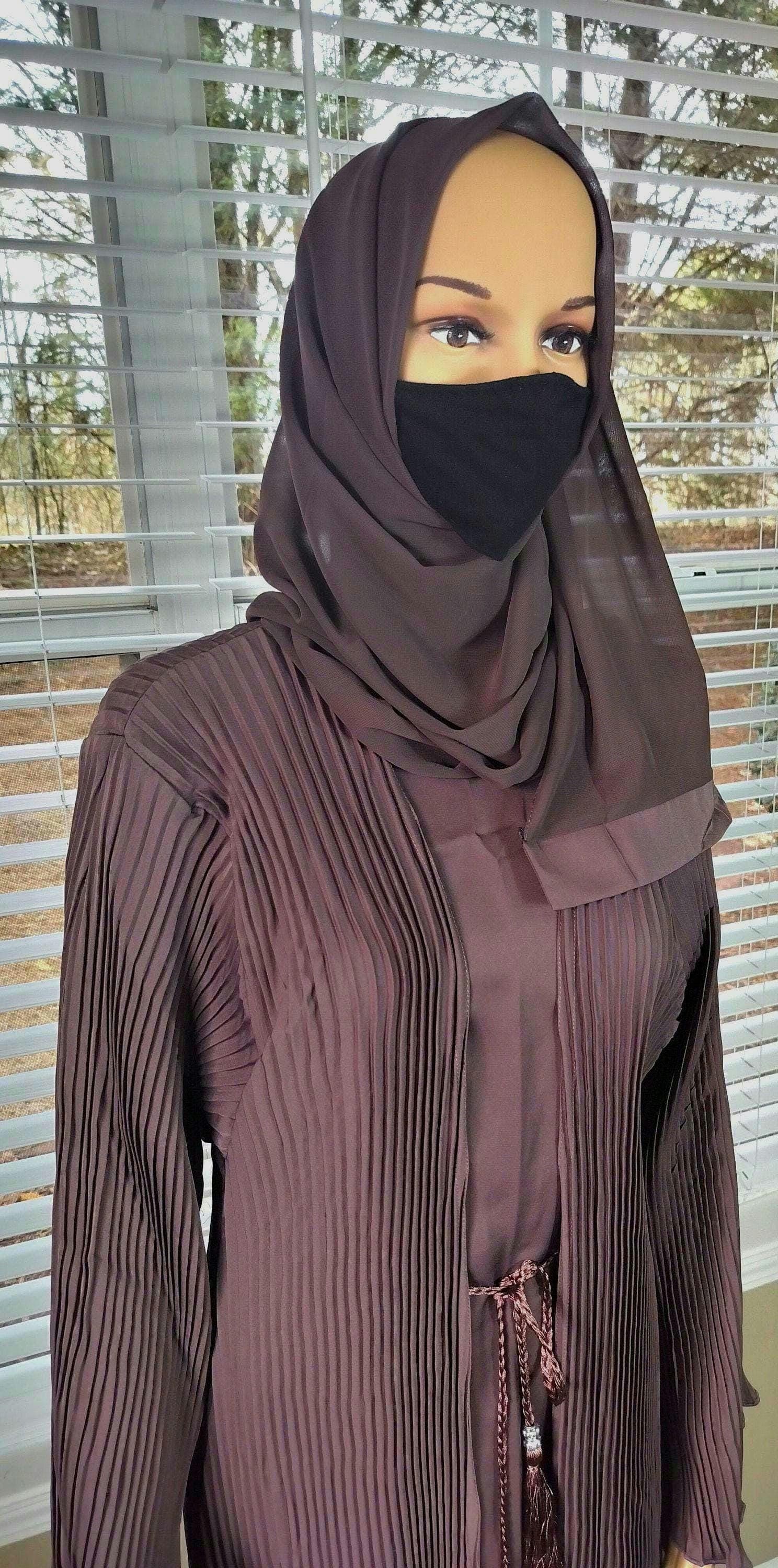 Pleated Rum Raisin Abaya, Kimono Dress with Headscarf and Belt - image 3