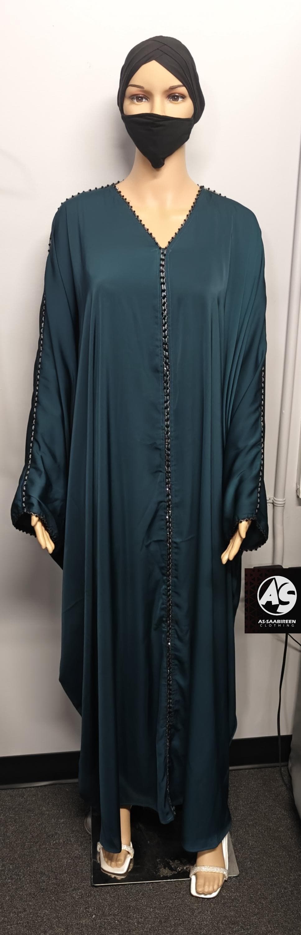 Dark Teal Color Beaded Nidah Abaya Kimono: Dubai Modest Fashion - image 5
