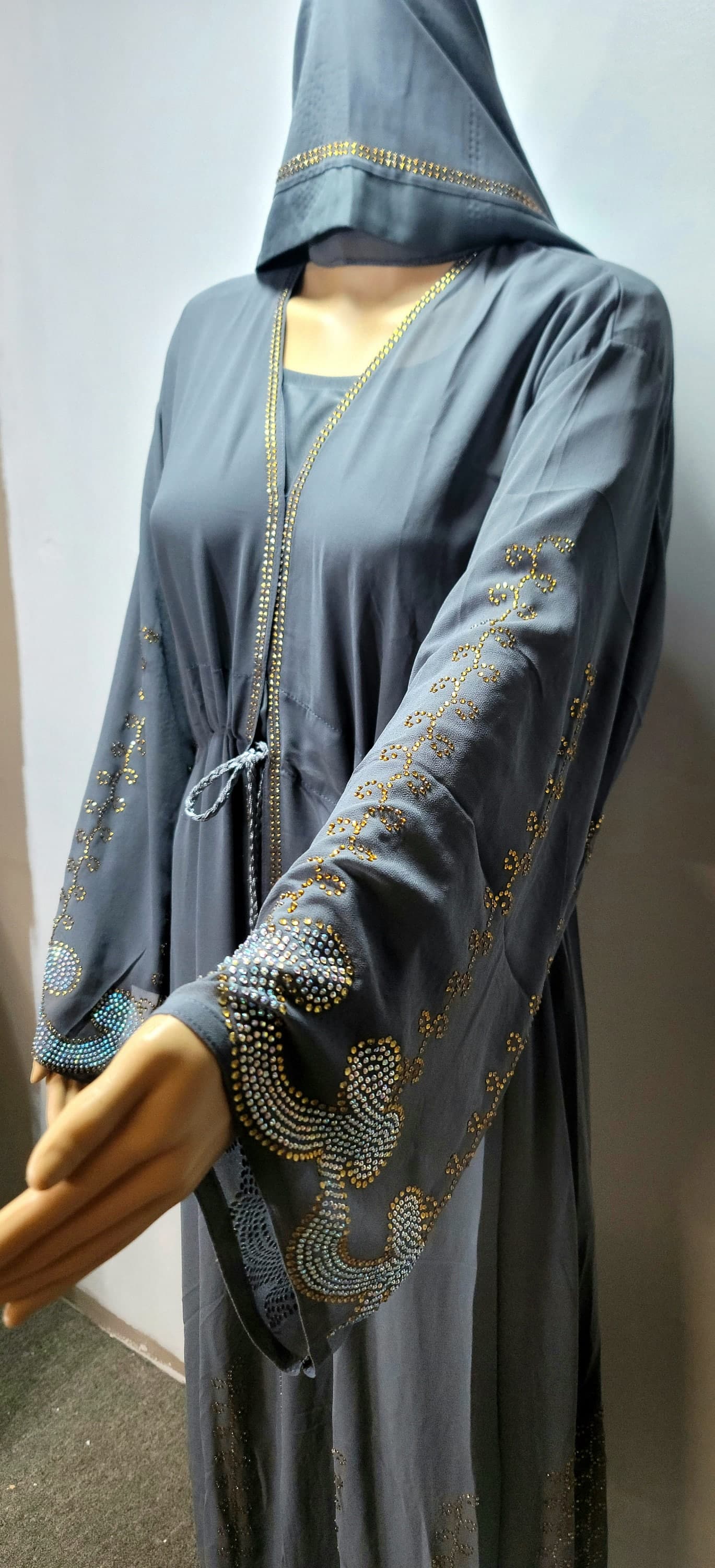 Rhinestone Gray Chiffon Abaya Kimono with Headscarf & Belt - image 4