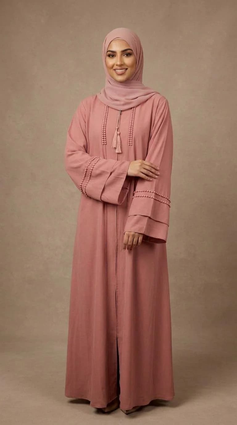 Dusty Rose Beaded Abaya Set with Hijab | Dubai Style, Eid Outfit, Zipper Abaya - image 4