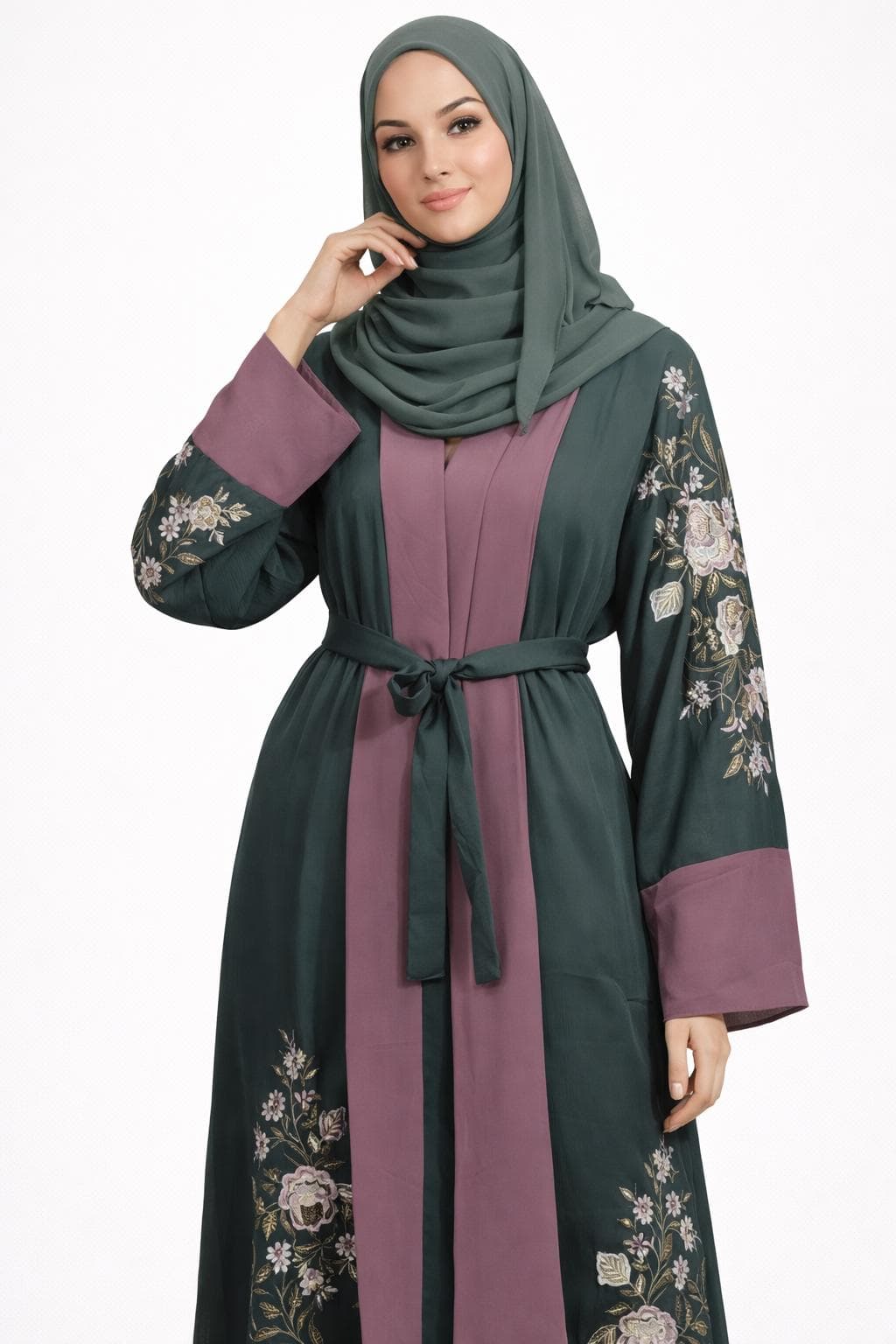 Embroidered Abaya Kimono: Modest Fashion Dress with Headscarf & Belt