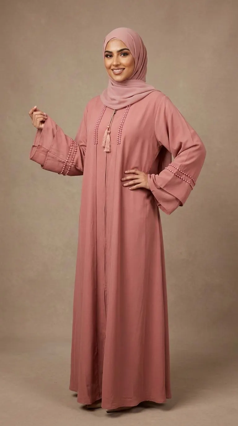 Dusty Rose Beaded Abaya Set with Hijab | Dubai Style, Eid Outfit, Zipper Abaya - image 3