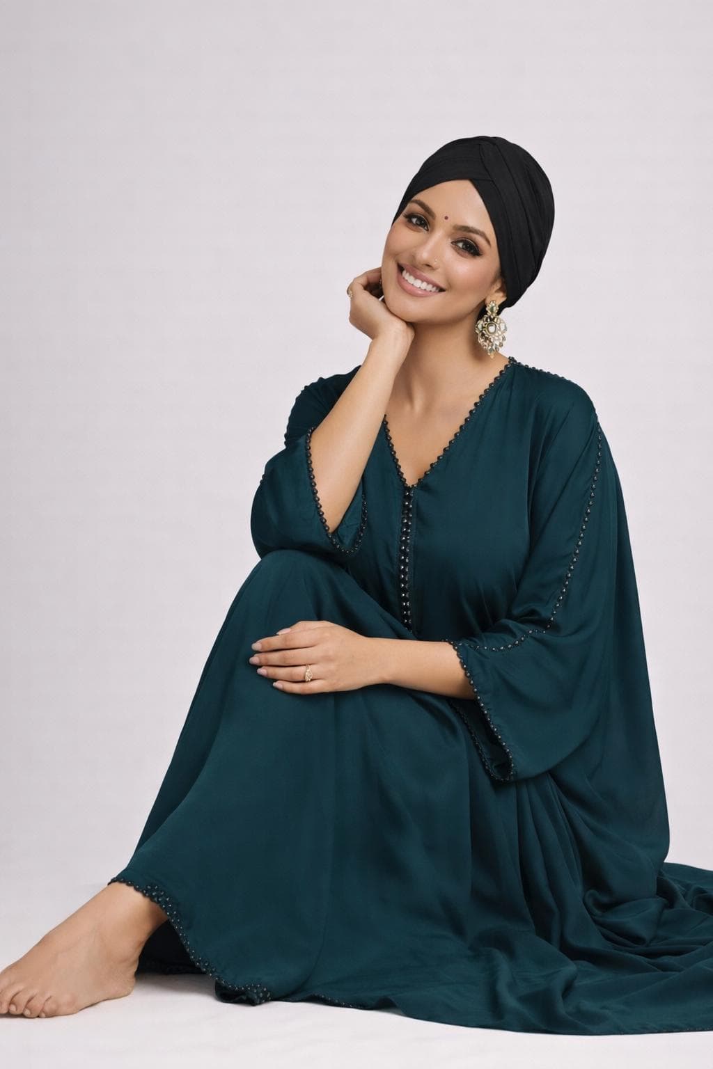 Dark Teal Color Beaded Nidah Abaya Kimono: Dubai Modest Fashion - image 4