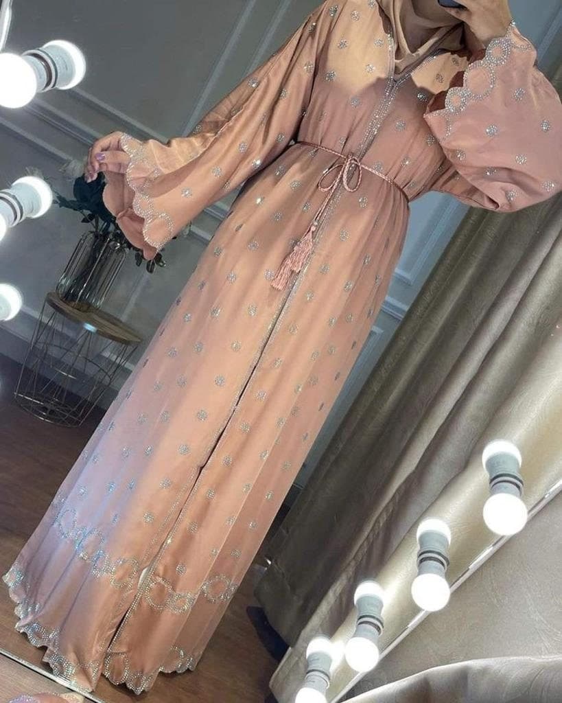 Rhinestone Abaya Kimono: Dubai Modest Fashion Dress with Headscarf & Belt