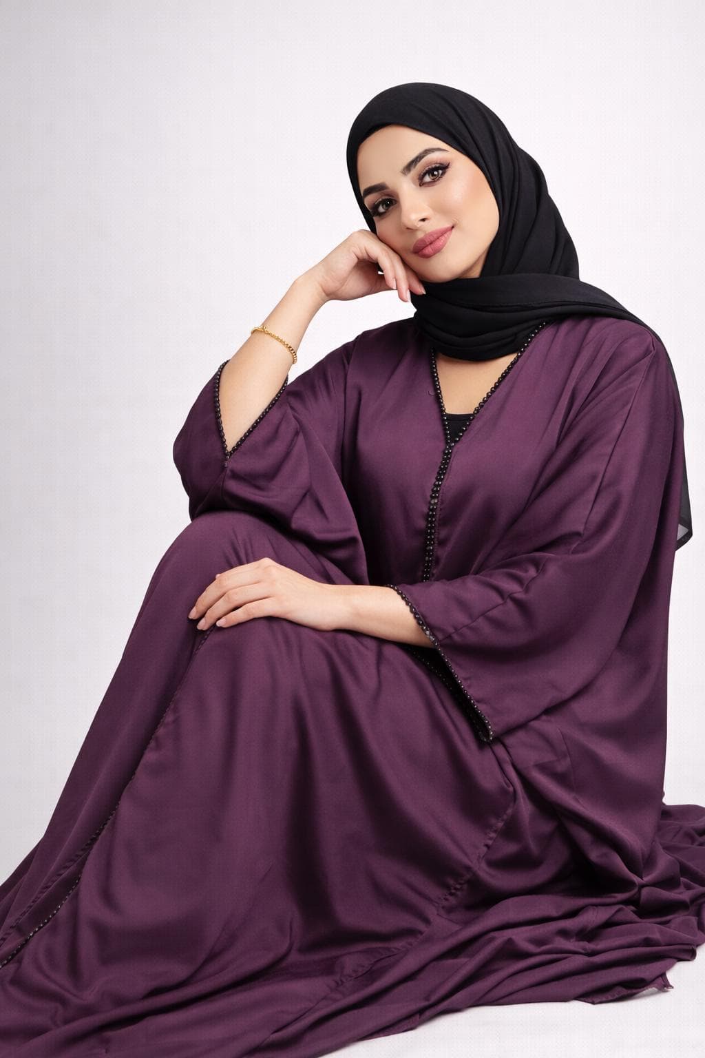 Dark Purple Beaded Nidah Abaya Kimono: Dubai Modest Fashion