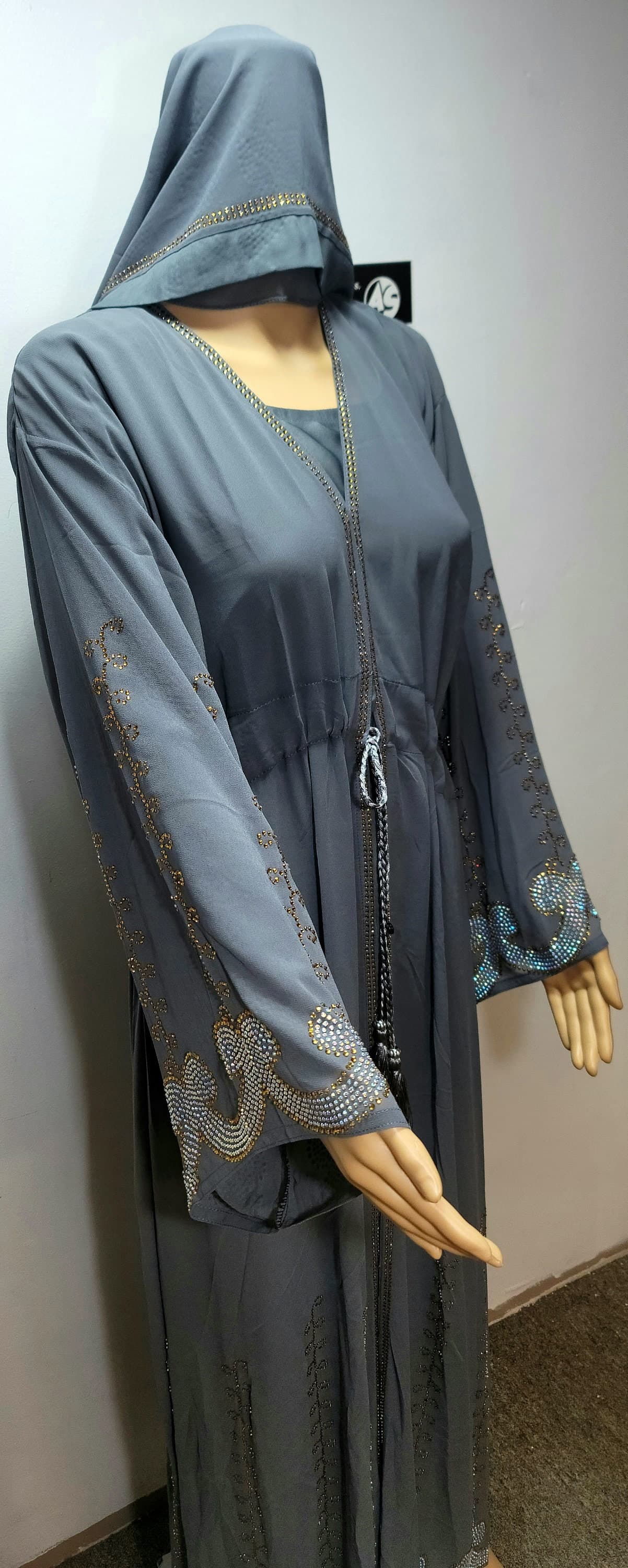 Rhinestone Gray Chiffon Abaya Kimono with Headscarf & Belt - image 5
