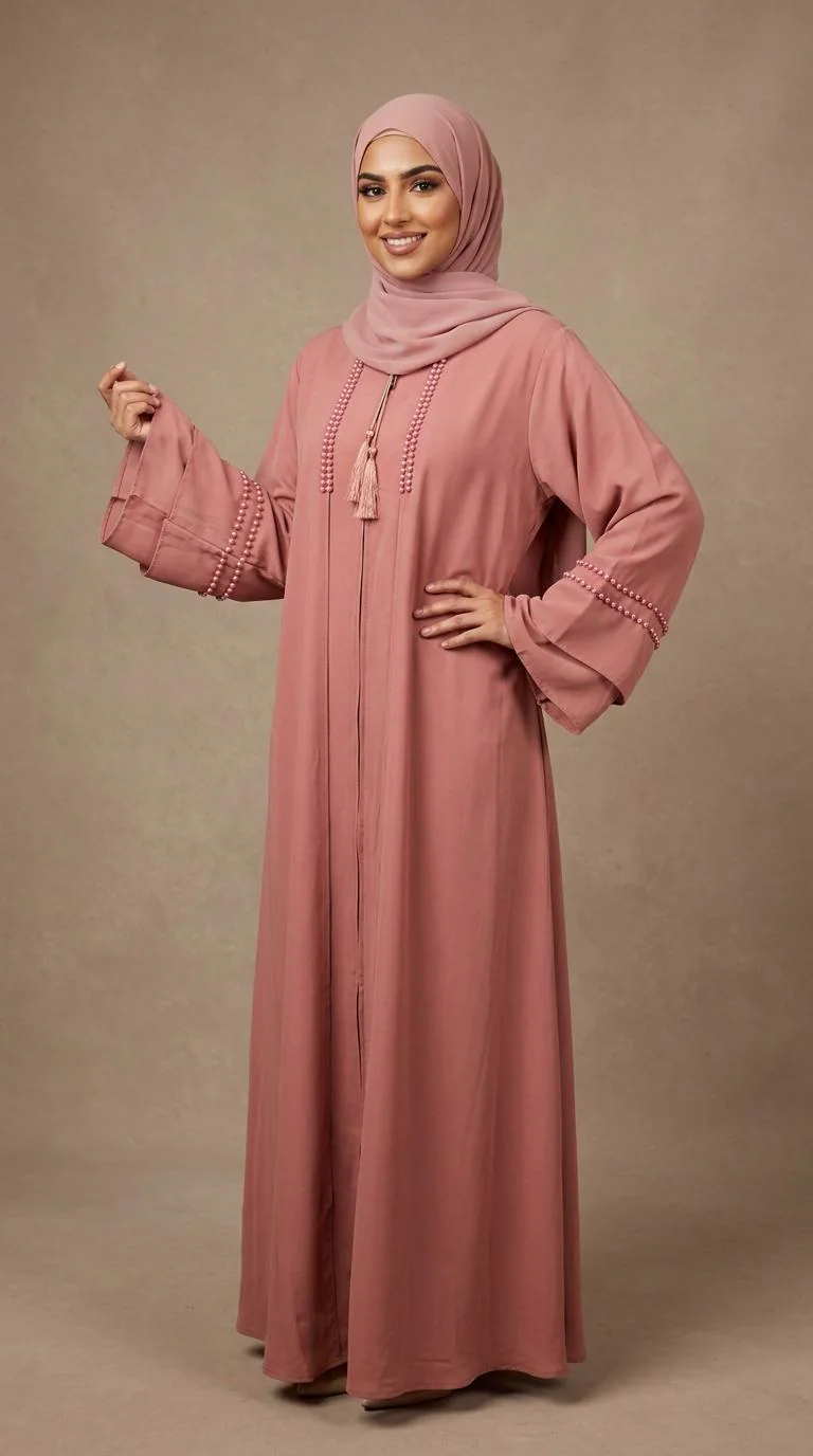 Dusty Rose Beaded Abaya Set with Hijab | Dubai Style, Eid Outfit, Zipper Abaya - image 5
