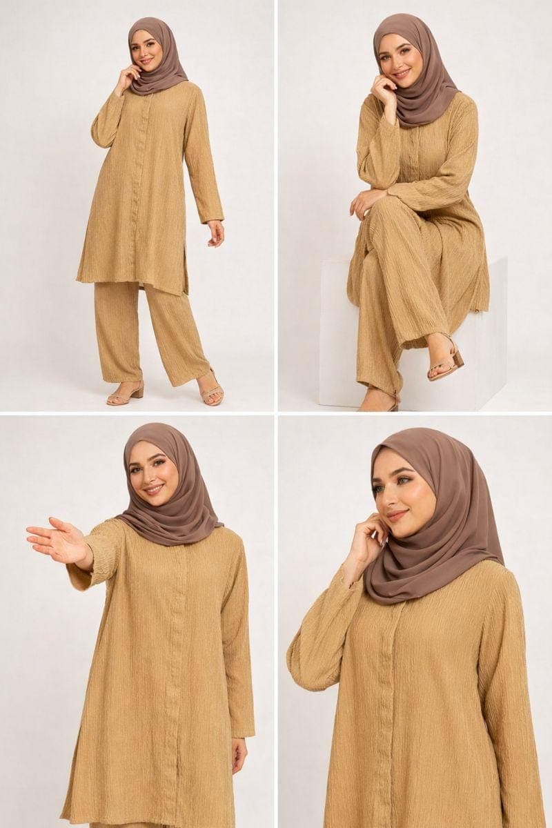 Beige Co-ord Set, Collared Button Ups Long Tunic and Pants with Pockets - image 3