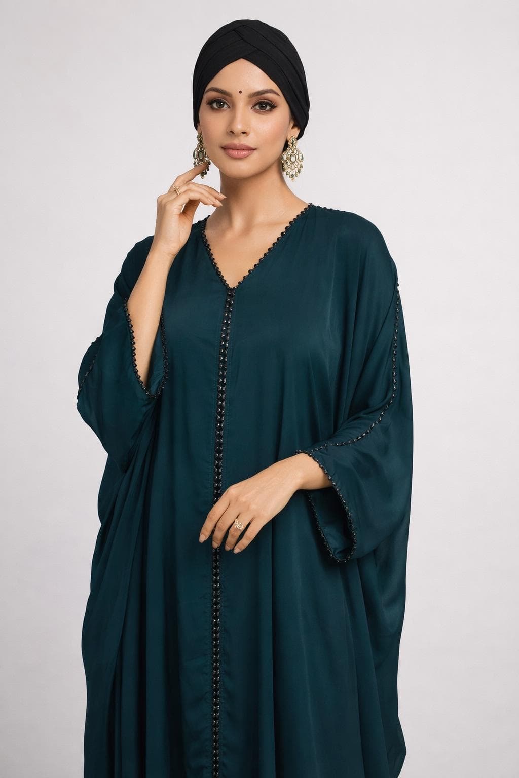 Dark Teal Color Beaded Nidah Abaya Kimono: Dubai Modest Fashion