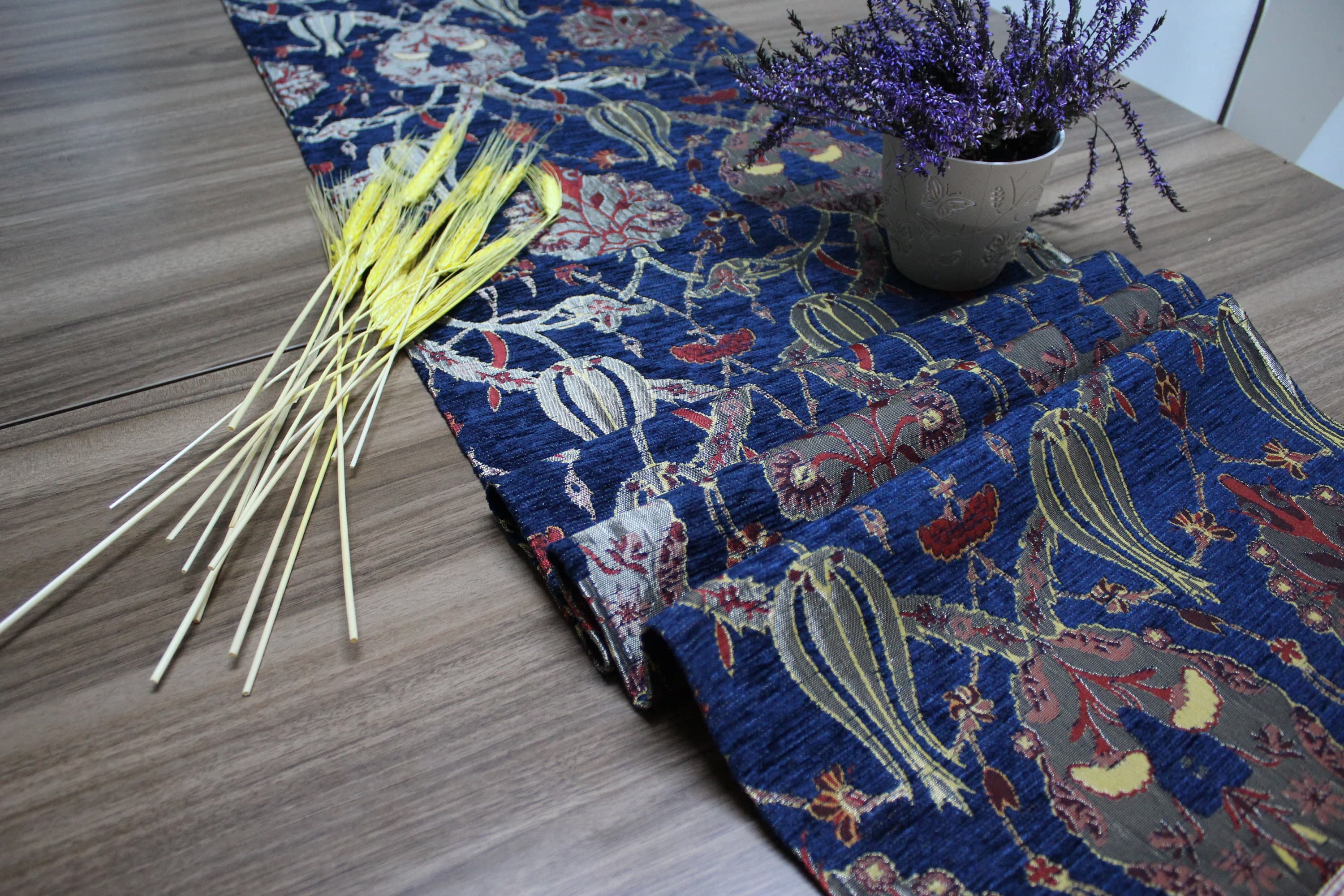 Dark Blue Turkish Table Cloth Runner, Tulip Design Floral Boho Table Runner For Wedding, Gray Table Cover ,Table Decoration, RNR214 - image 4