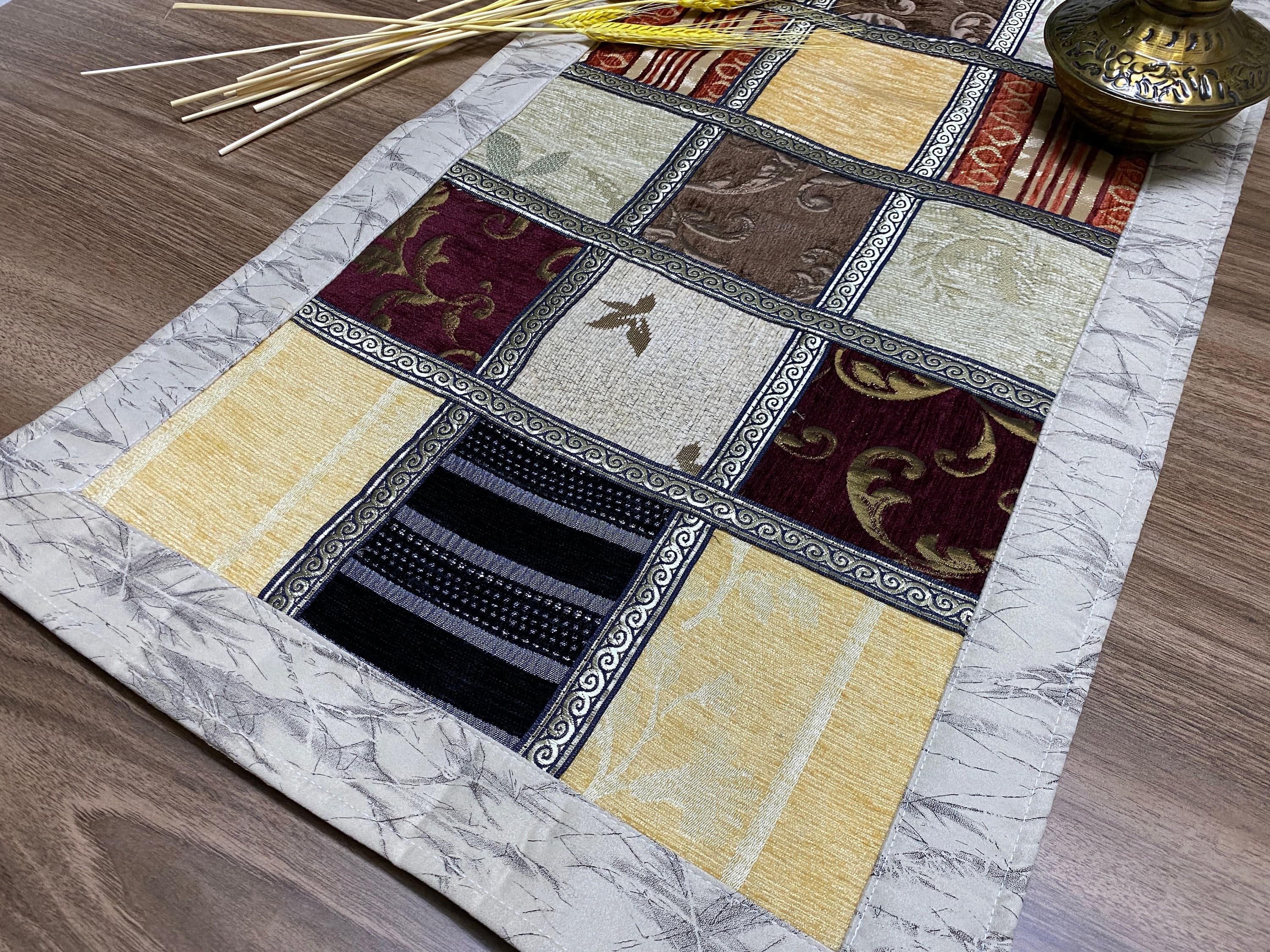 Cream Farmhouse Table Runner, Patchwork Pattern Turkish Coffee Table Cloth Runner, Small  Boho Wedding Oriental Table ,  RNR355