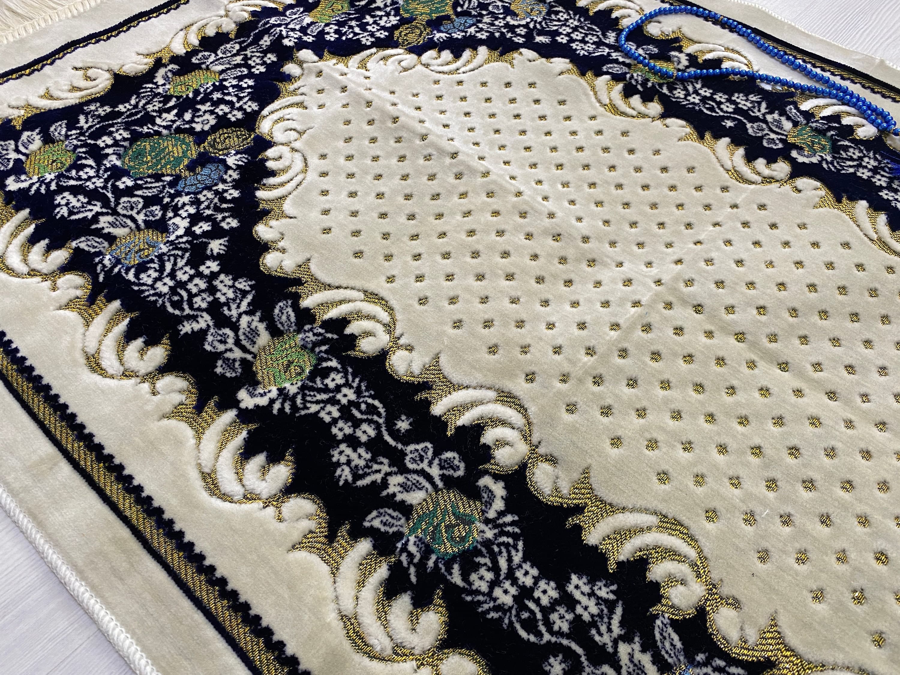 Cream Dark Blue Prayer Mat, Sejadah Prayer Mat with Tasbeeh,Muslim Wedding Gift, Prayer Rug, Muslim Janamaz, Islamic Gift, RNR535 - image 5
