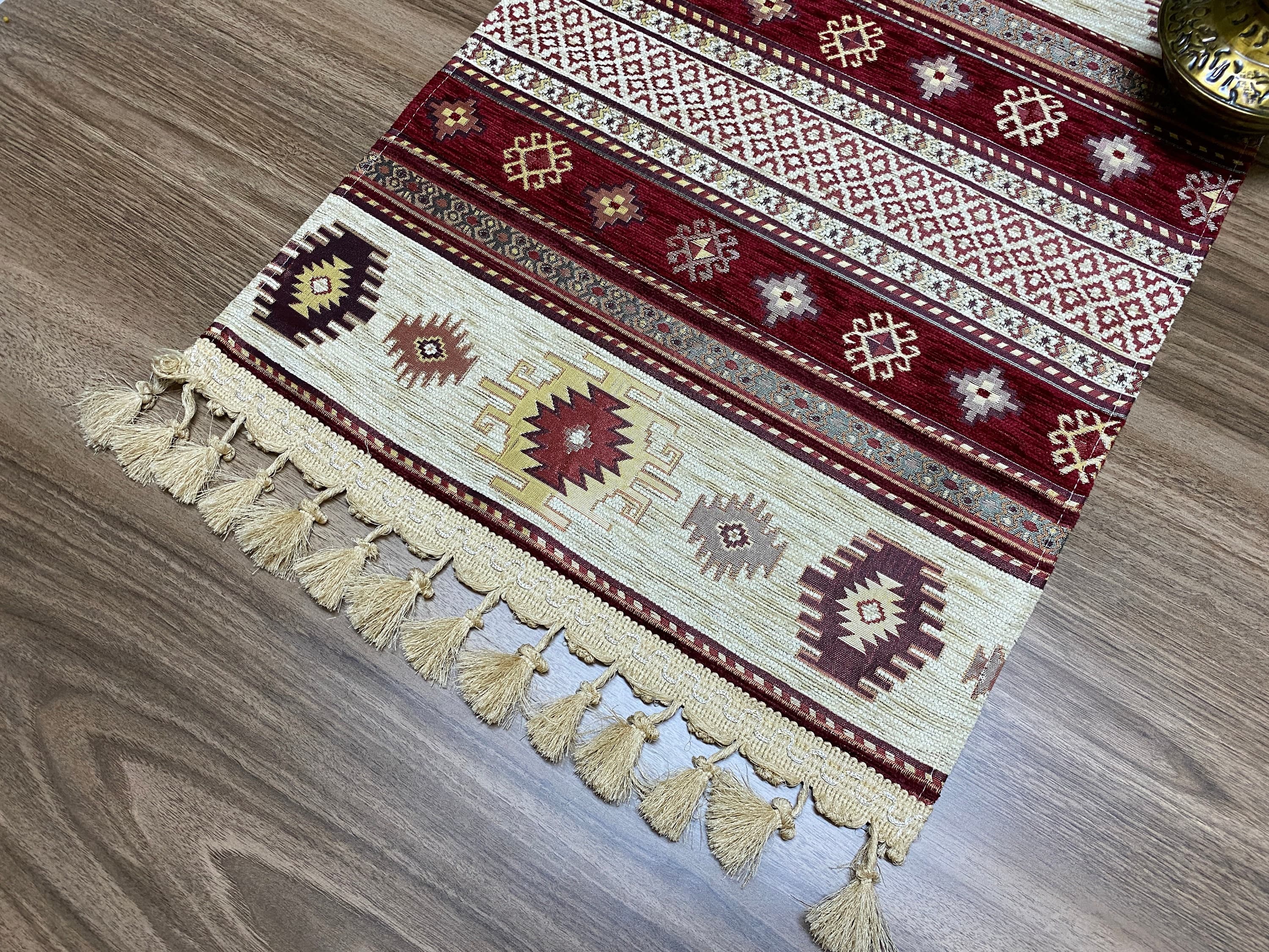 Burgundy Kilim Pattern Turkish Coffee Table Cloth Runner, Actec Small Home Boho Wedding Oriental Table Runner, Diner Table Runner, RNR345