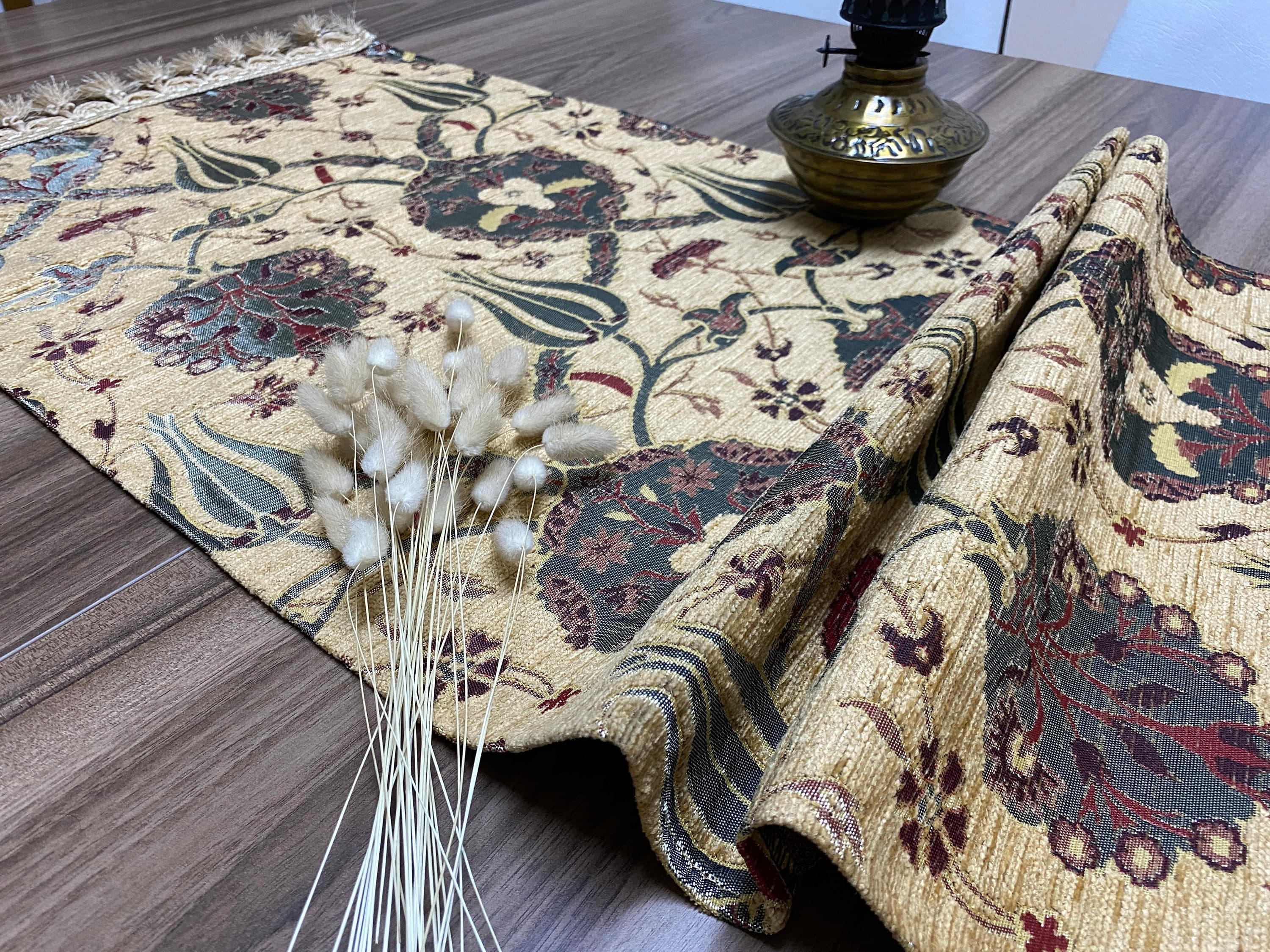Mustard Tulip Pattern Mini Turkish Coffee Table Cloth Runner,  Home Boho Wedding Oriental Table Runner, Diner Table Runner, RNR331
