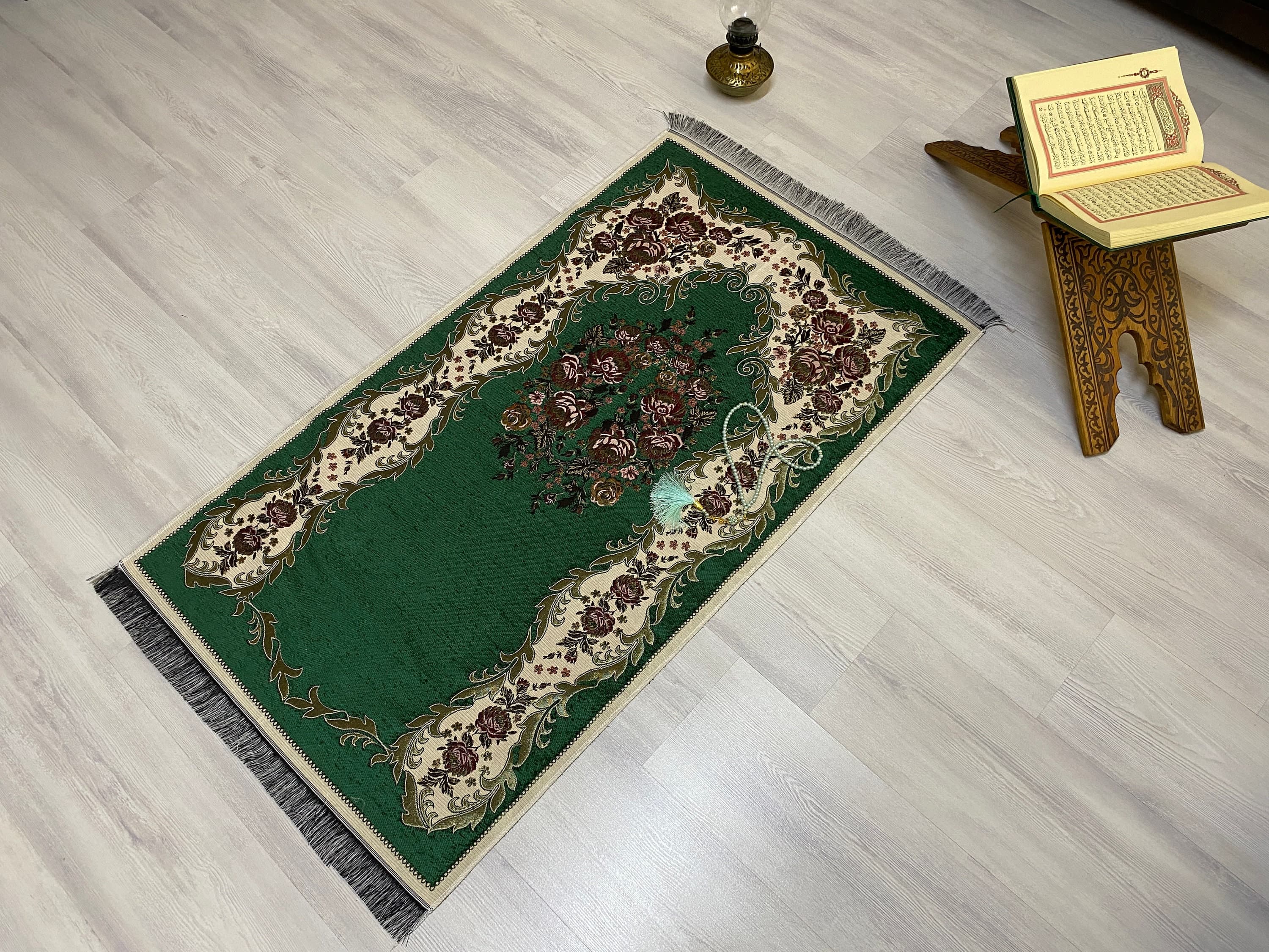 Dark Green Light  Prayer Mat, Sejadah Prayer Mat with Tasbeeh,Muslim Wedding Gift, Prayer Rug, Muslim Janamaz, Islamic Gift, RNR526