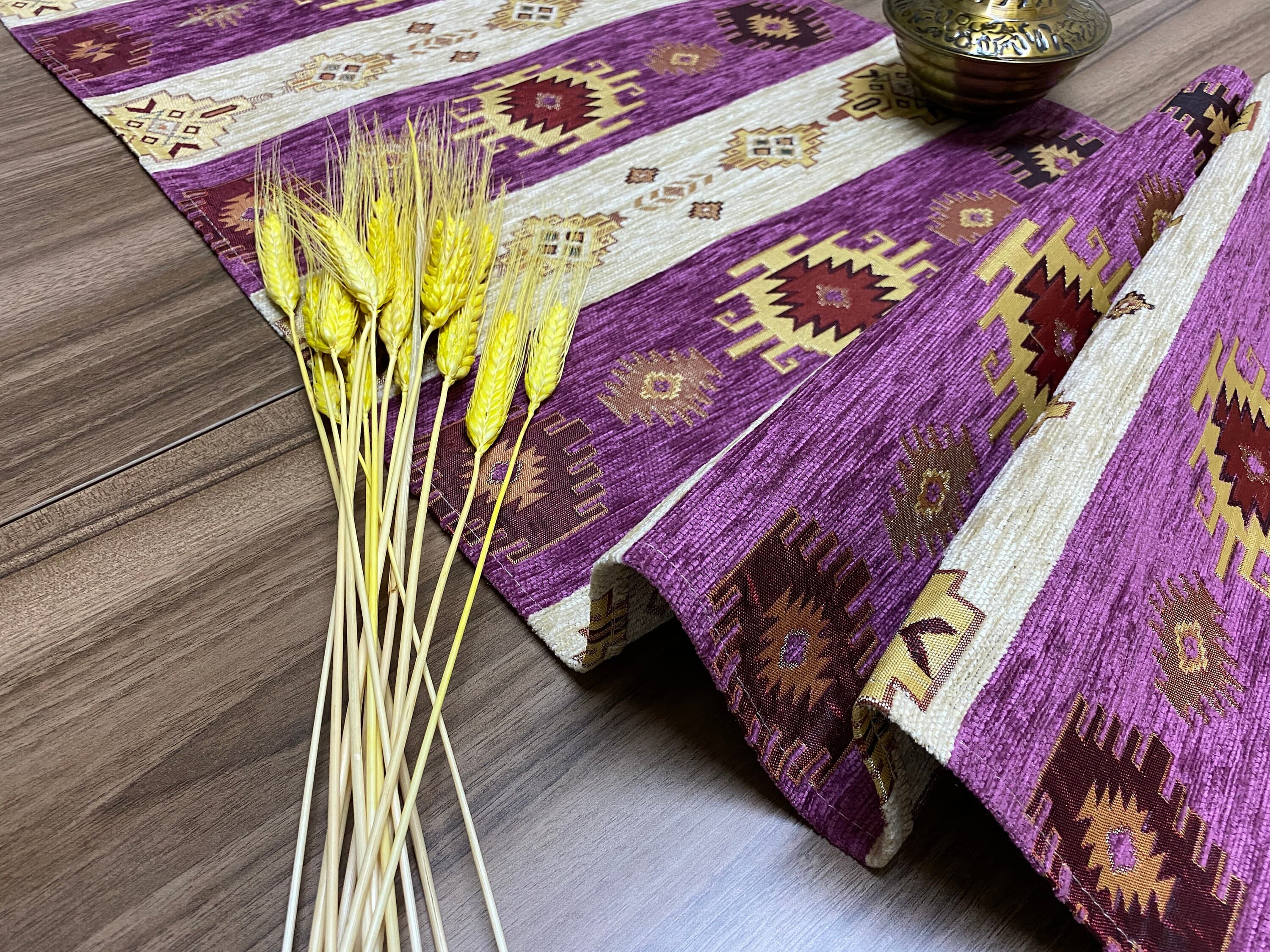 Lilac Kilim Pattern Turkish Coffee Table Cloth Runner,  Aztec Boho Wedding Oriental Table Runner, Cream Diner Table Runner, RNR281 - image 4
