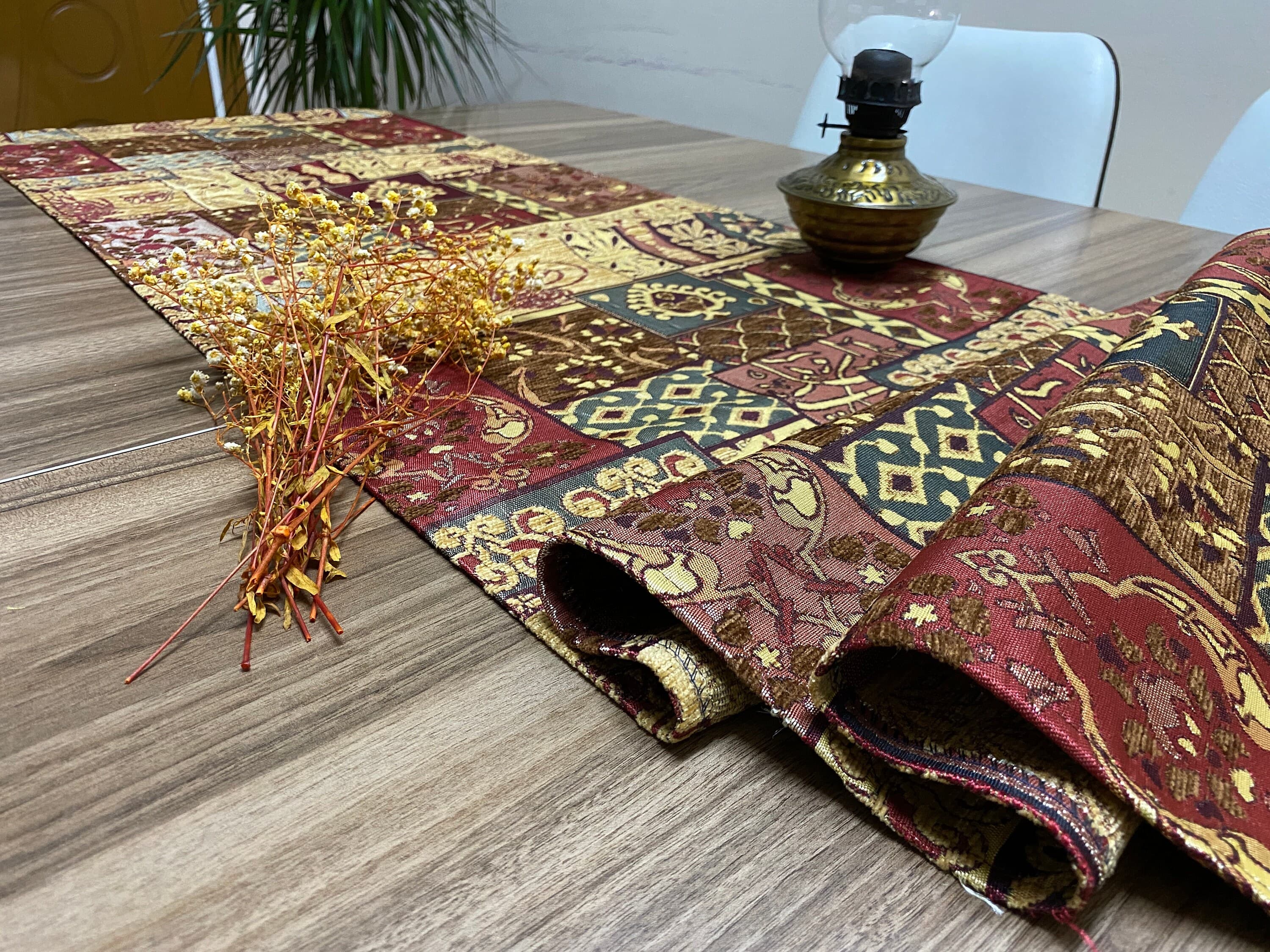 Brown Ottoman Pattern Turkish Coffee Table Cloth Runner,  Home Boho Wedding Oriental Table Runner, Long Gray Diner Table Runner, RNR418 - image 4
