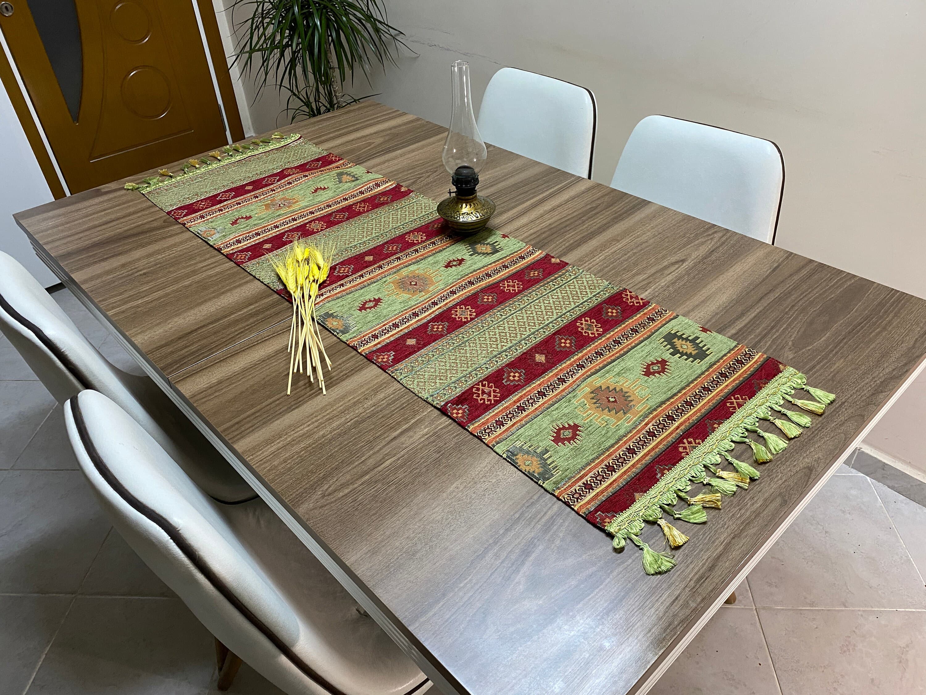 Burgundy Kilim Pattern Turkish Coffee Table Cloth Runner,  Aztec Boho Wedding Oriental Table Runner, Green Diner Table Runner, RNR279
