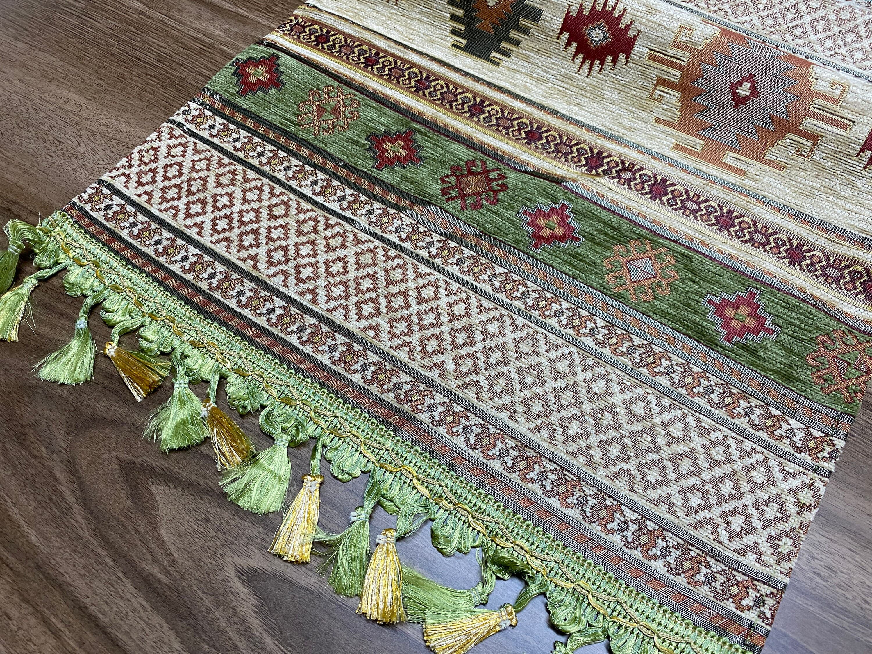 Green Kilim Pattern Turkish Coffee Table Cloth Runner,  Aztec Boho Wedding Oriental Table Runner, Cream Diner Table Runner, RNR277 - image 5